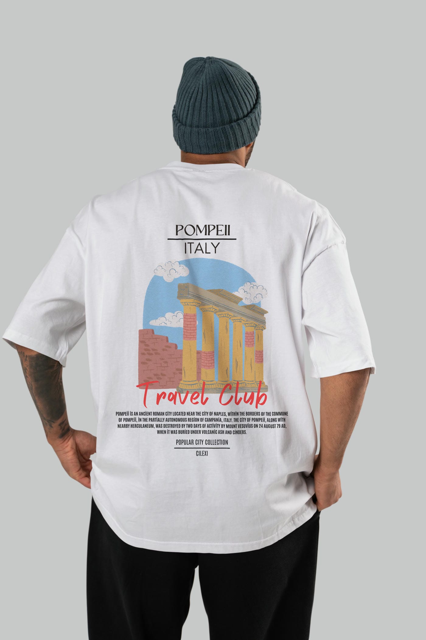 Pompeii İtaly Arka Baskılı Oversize t-shirt Erkek Kadın Pamuk Bisiklet Yaka tişort