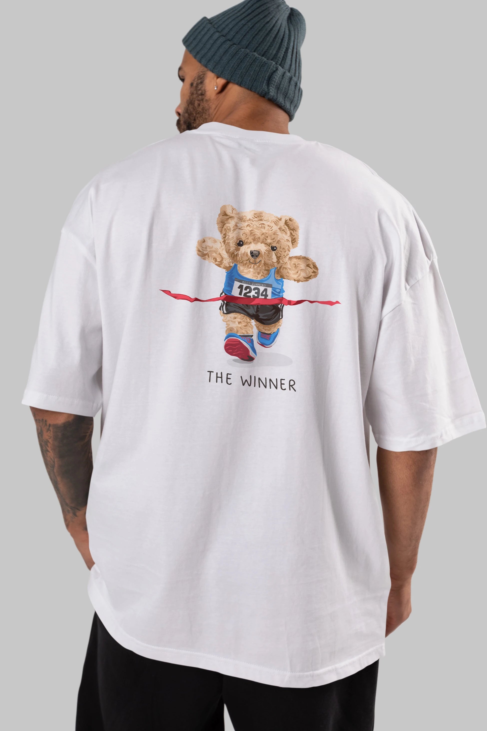Teddy Bear The Winner Arka Baskılı Oversize t-shirt Erkek Kadın Unisex %100 Pamuk