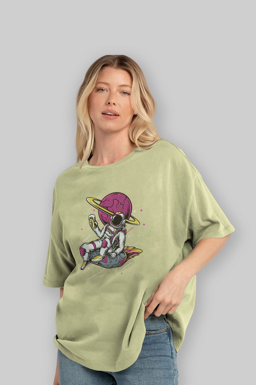 Astronaut Beer Ön Baskılı Oversize t-shirt Erkek Kadın Unisex