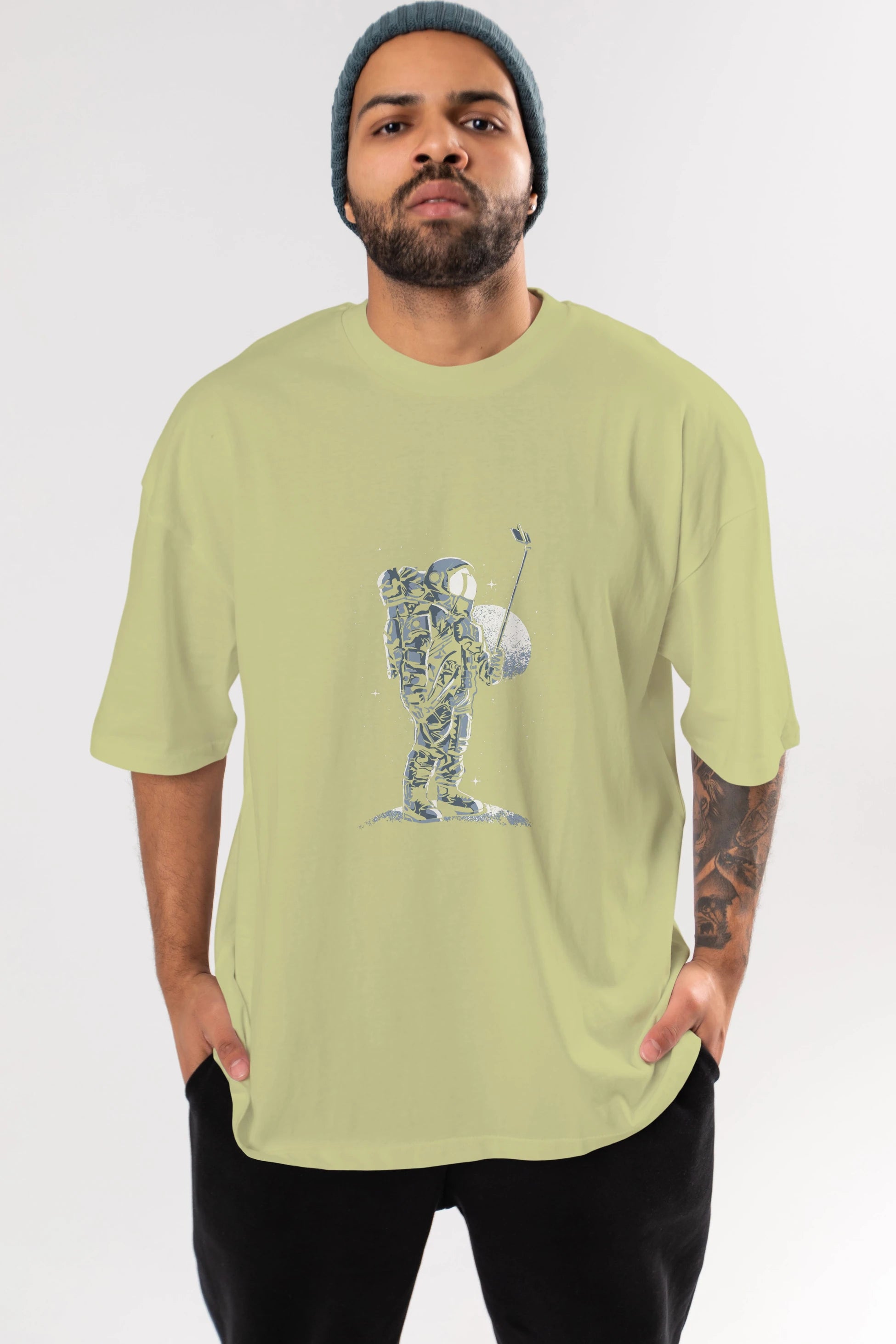 Selfie Astronaut Ön Baskılı Oversize t-shirt Erkek Kadın Unisex %100 Pamuk tişort