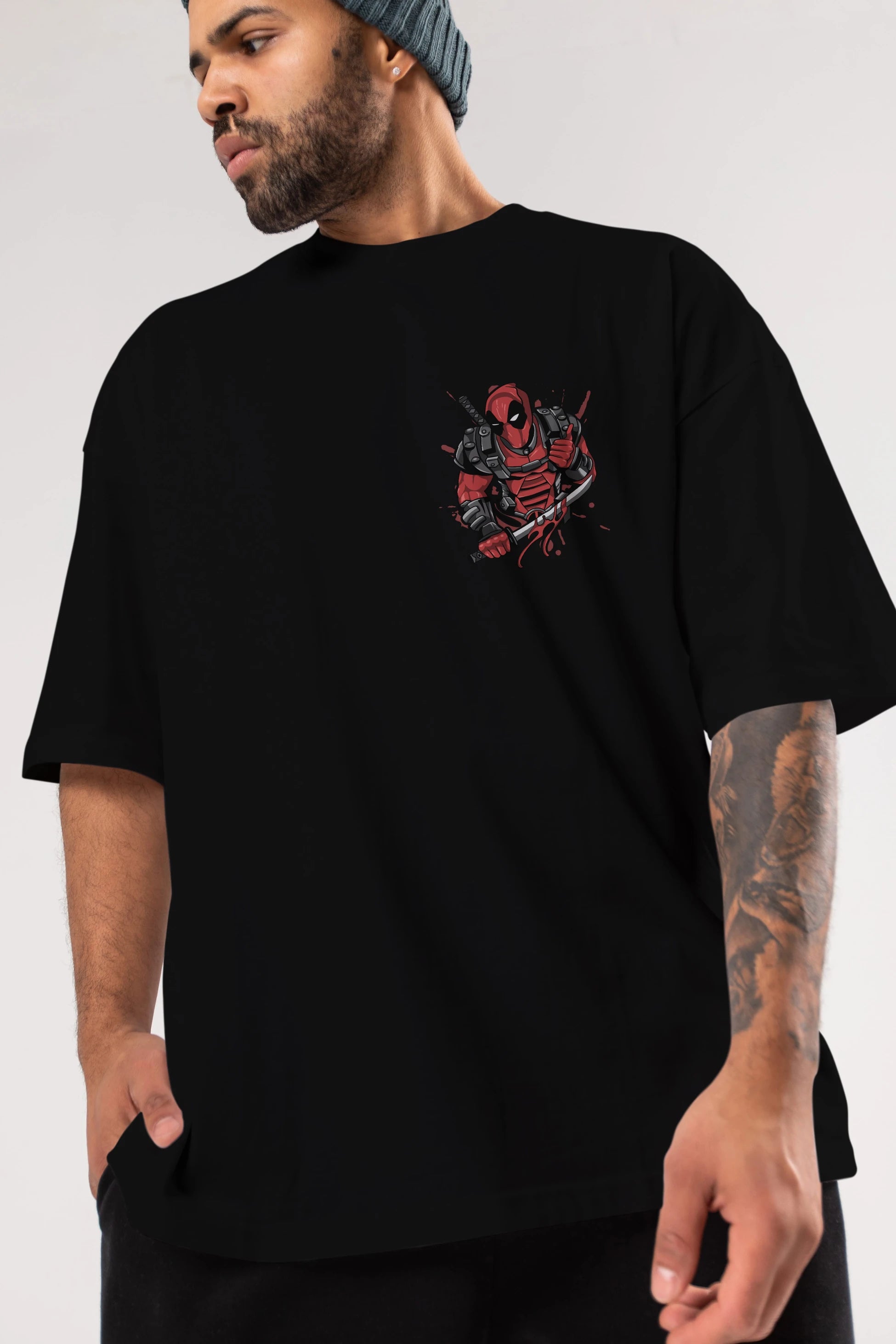 Deadpool (12) Ön Sol Baskılı Oversize t-shirt Erkek Kadın Unisex %100 Pamuk Bisiklet Yaka tişort
