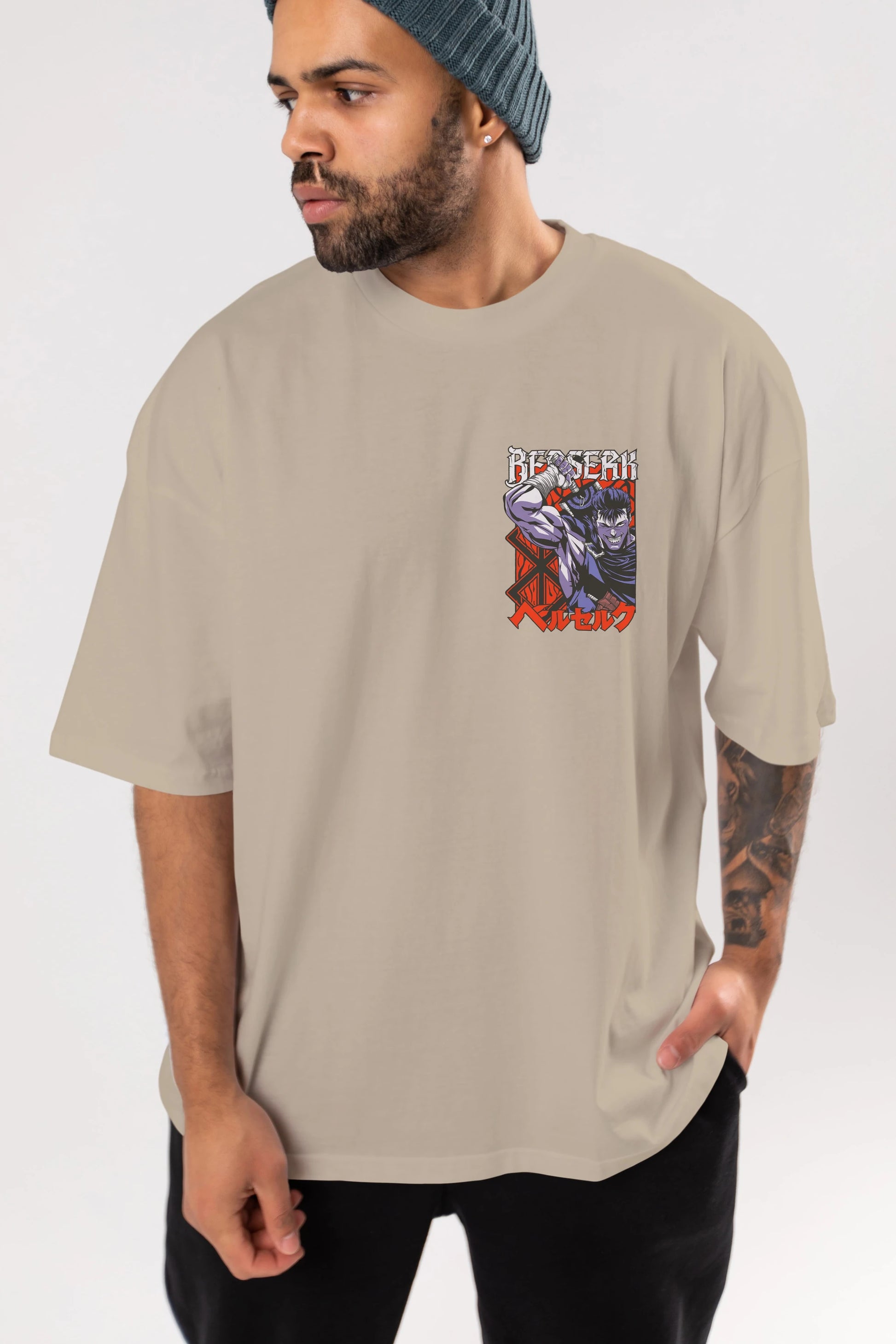 GUTS berserk Ön Sol Baskılı Oversize t-shirt Erkek Kadın Unisex %100 Pamuk Bisiklet Yaka tişort