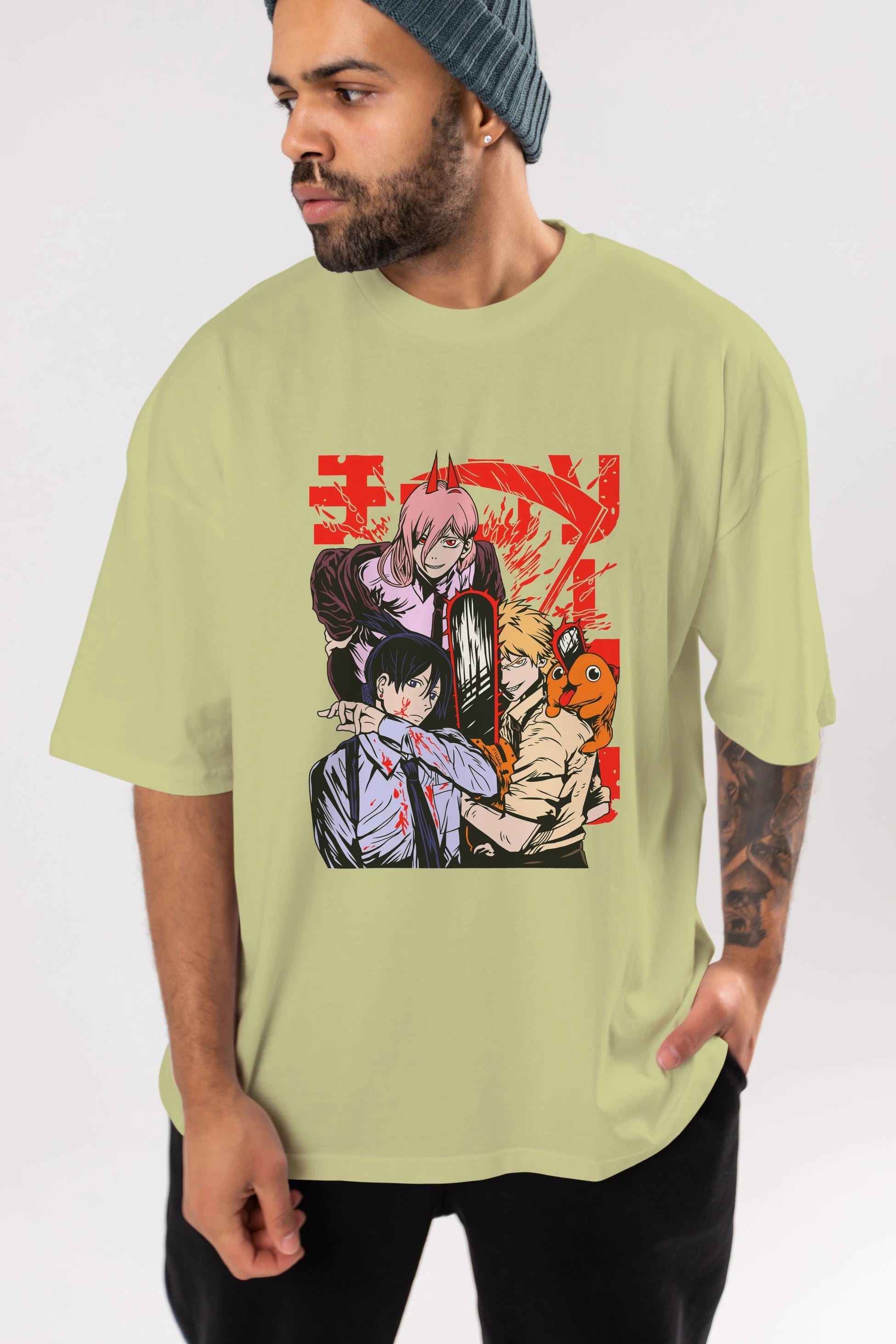 CHAINSAWMAN CREW Anime Ön Baskılı Oversize t-shirt %100 pamuk Erkek Kadın Unisex