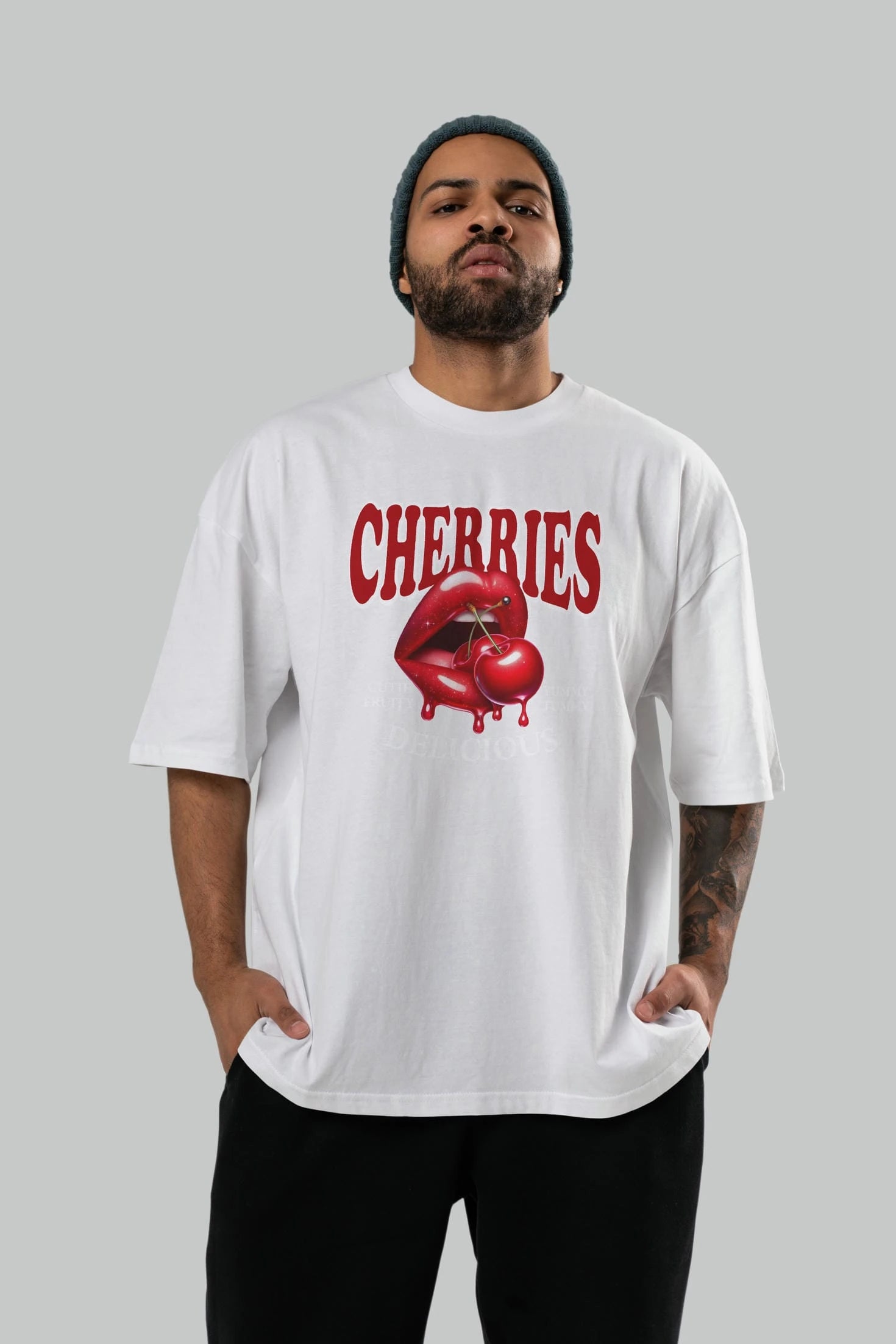 Cherry Cherries 2 Ön Baskılı Oversize t-shirt Erkek Kadın Pamuk Bisiklet Yaka tişort