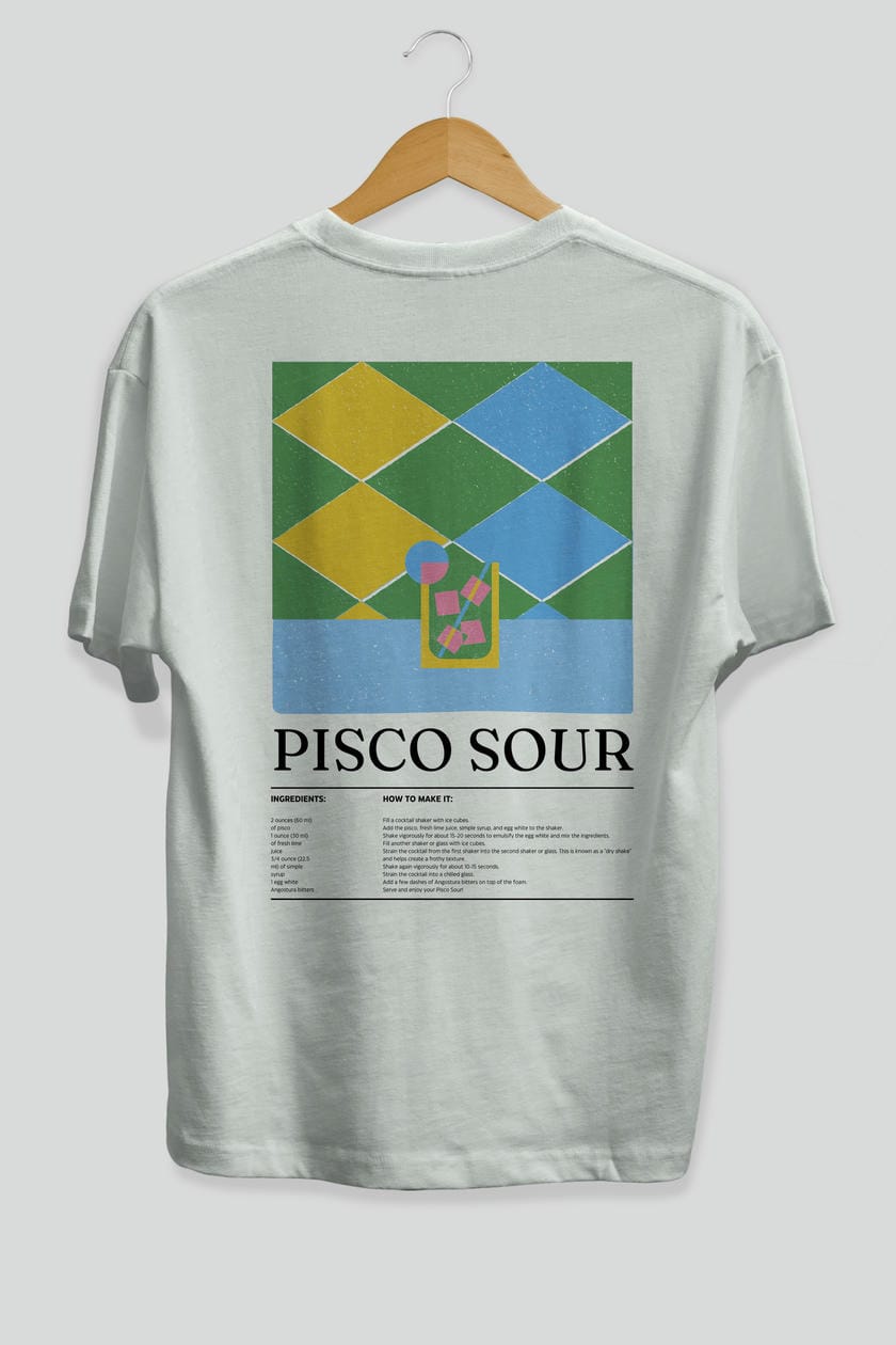 Pisco Sour Kokteyl Serisi Arka Baskılı Oversize t-shirt Erkek Kadın %100 Pamuk Bisiklet Yaka tişort