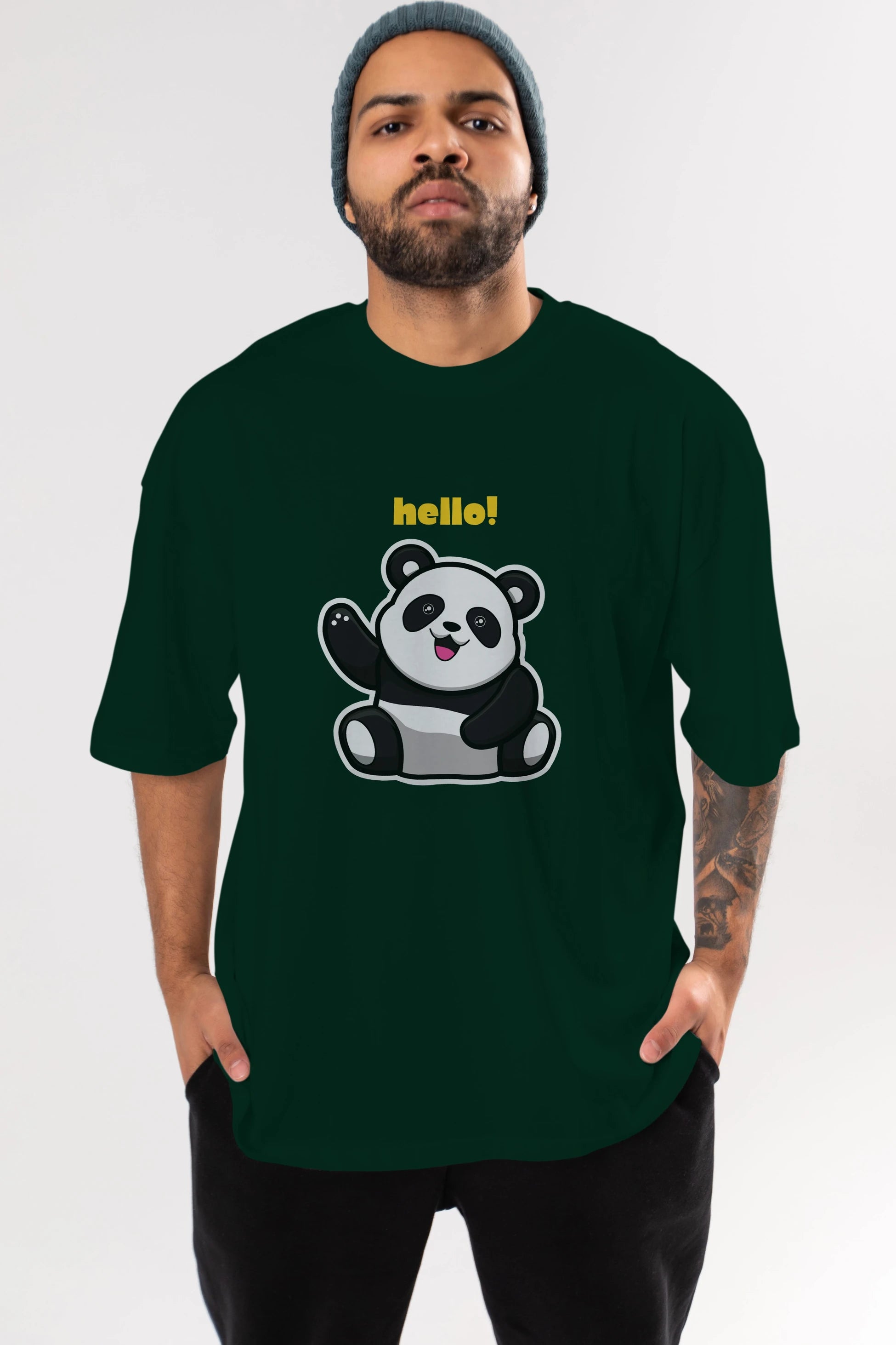 Hello Panda Ön Baskılı Oversize t-shirt Erkek Kadın Unisex