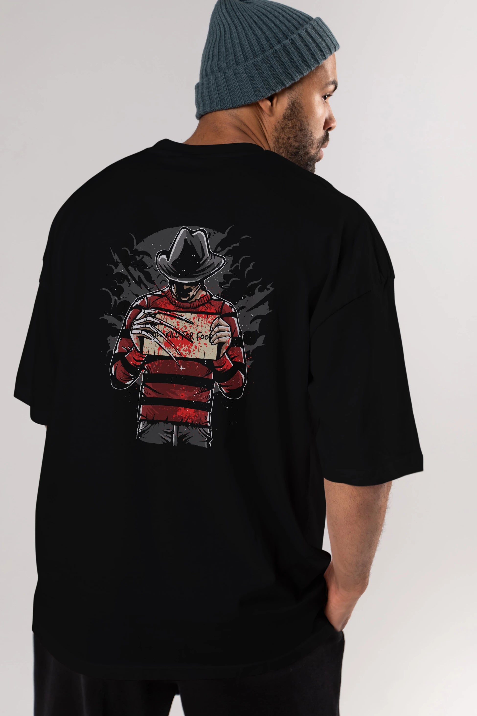 Freddy Will Kill For Food Arka Baskılı Oversize t-shirt Erkek Kadın Unisex %100 Pamuk