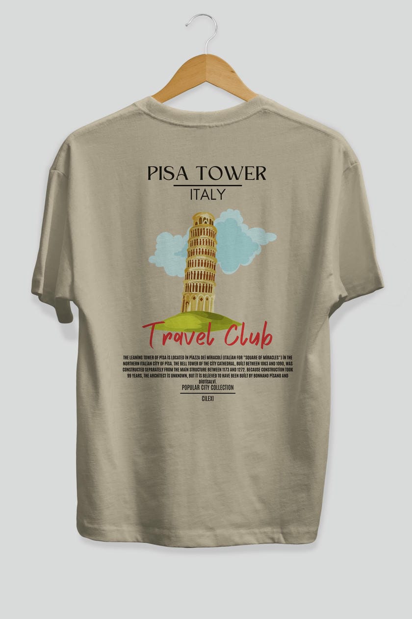 Pisa Tower İtaly Arka Baskılı Oversize t-shirt Erkek Kadın Pamuk Bisiklet Yaka tişort
