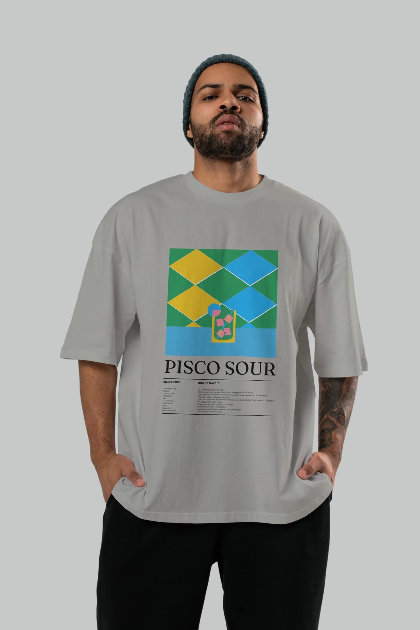 Pisco Sour Kokteyl Ön Baskılı Oversize t-shirt Erkek Kadın %100 Pamuk Bisiklet Yaka tişort