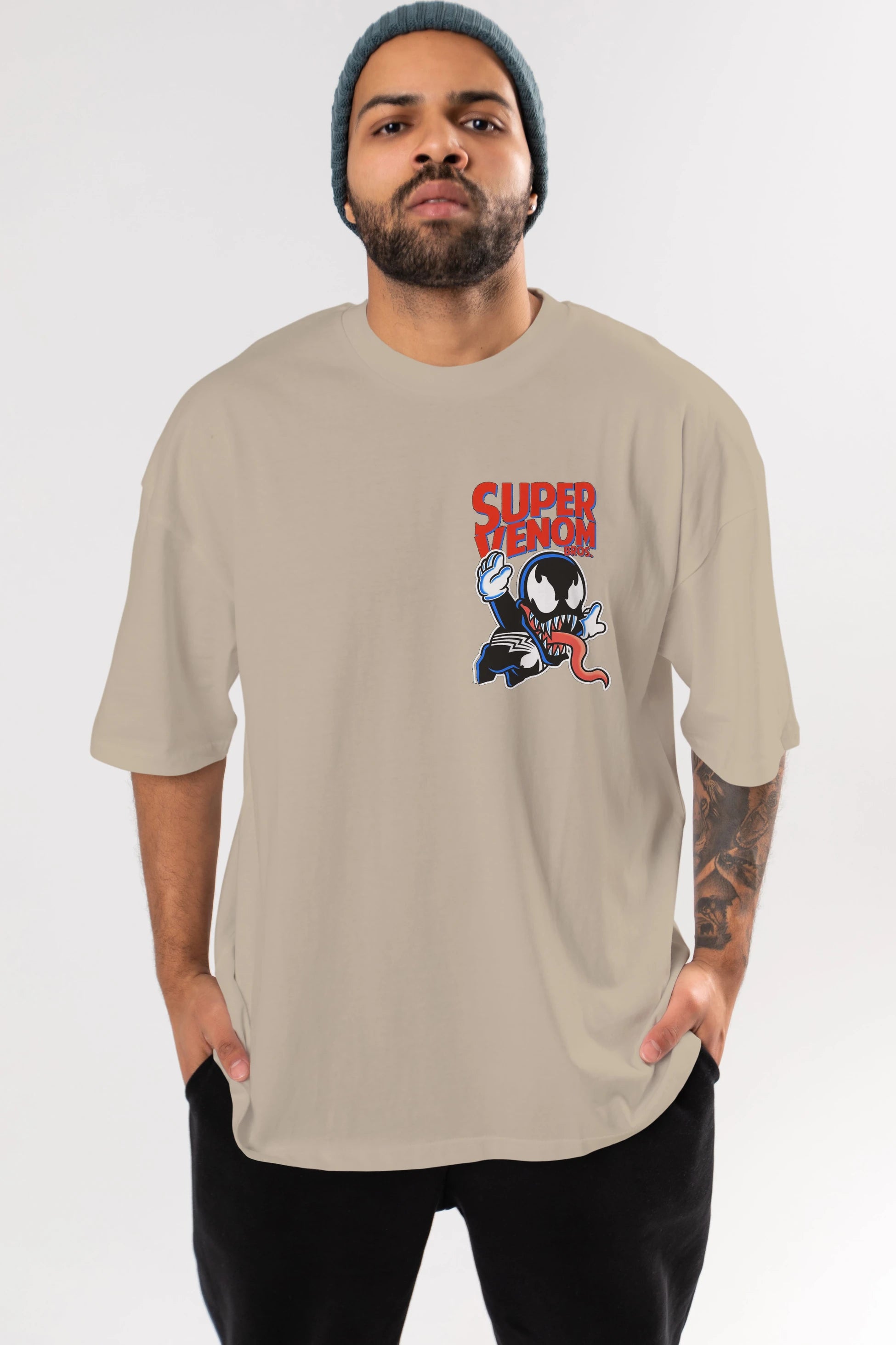 Super Venom Ön Sol Baskılı Oversize t-shirt Erkek Kadın Unisex %100 Pamuk Bisiklet Yaka tişort