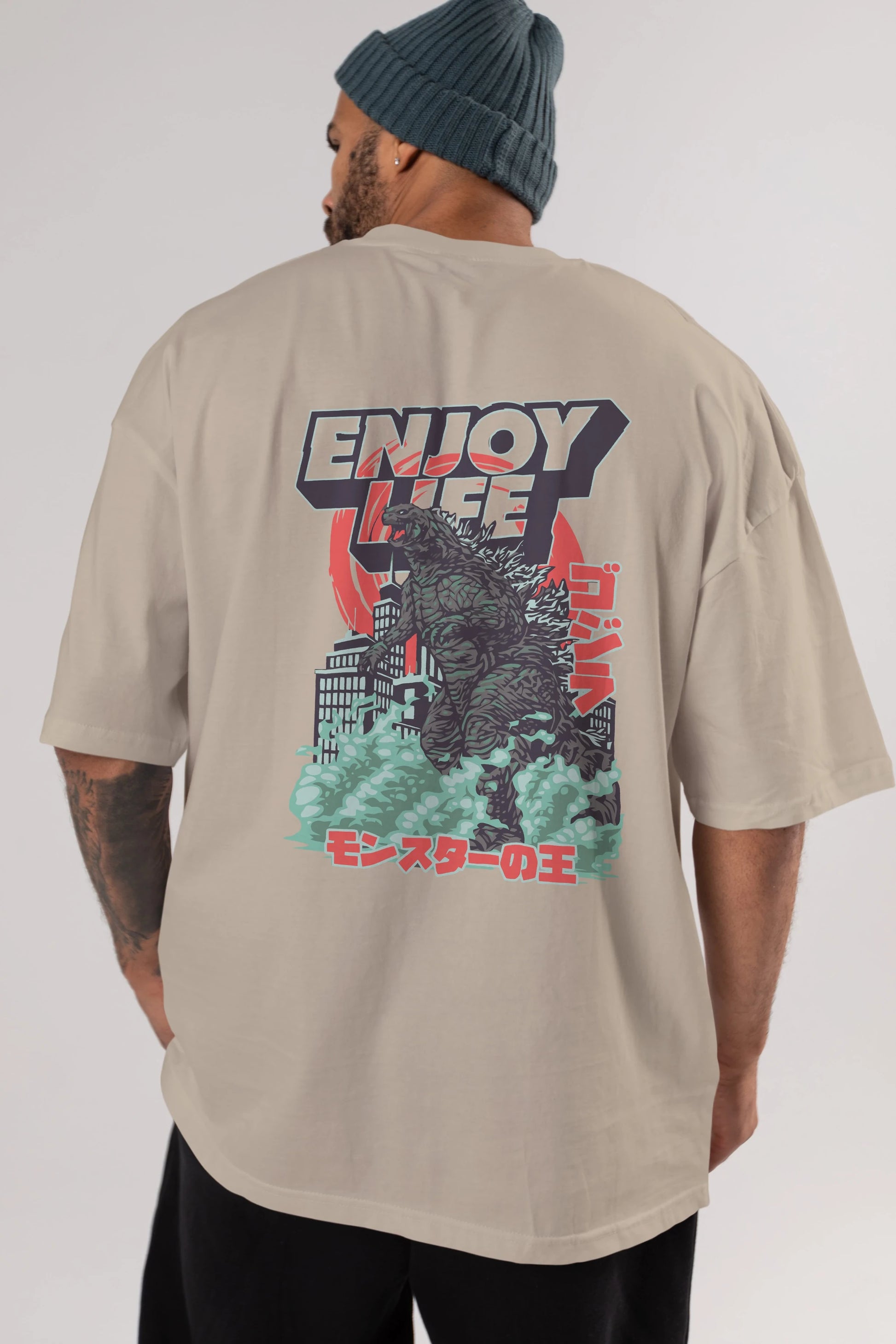 Godzilla Arka Baskılı Oversize t-shirt Erkek Kadın Unisex %100 Pamuk Bisiklet Yaka tişort