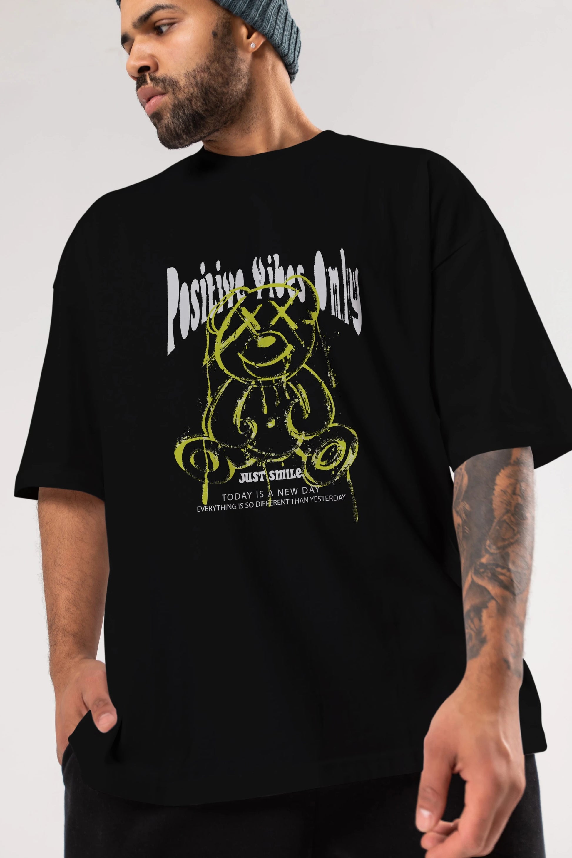 Positive Vibes Only Bear Ön Baskılı Oversize t-shirt Erkek Kadın Unisex