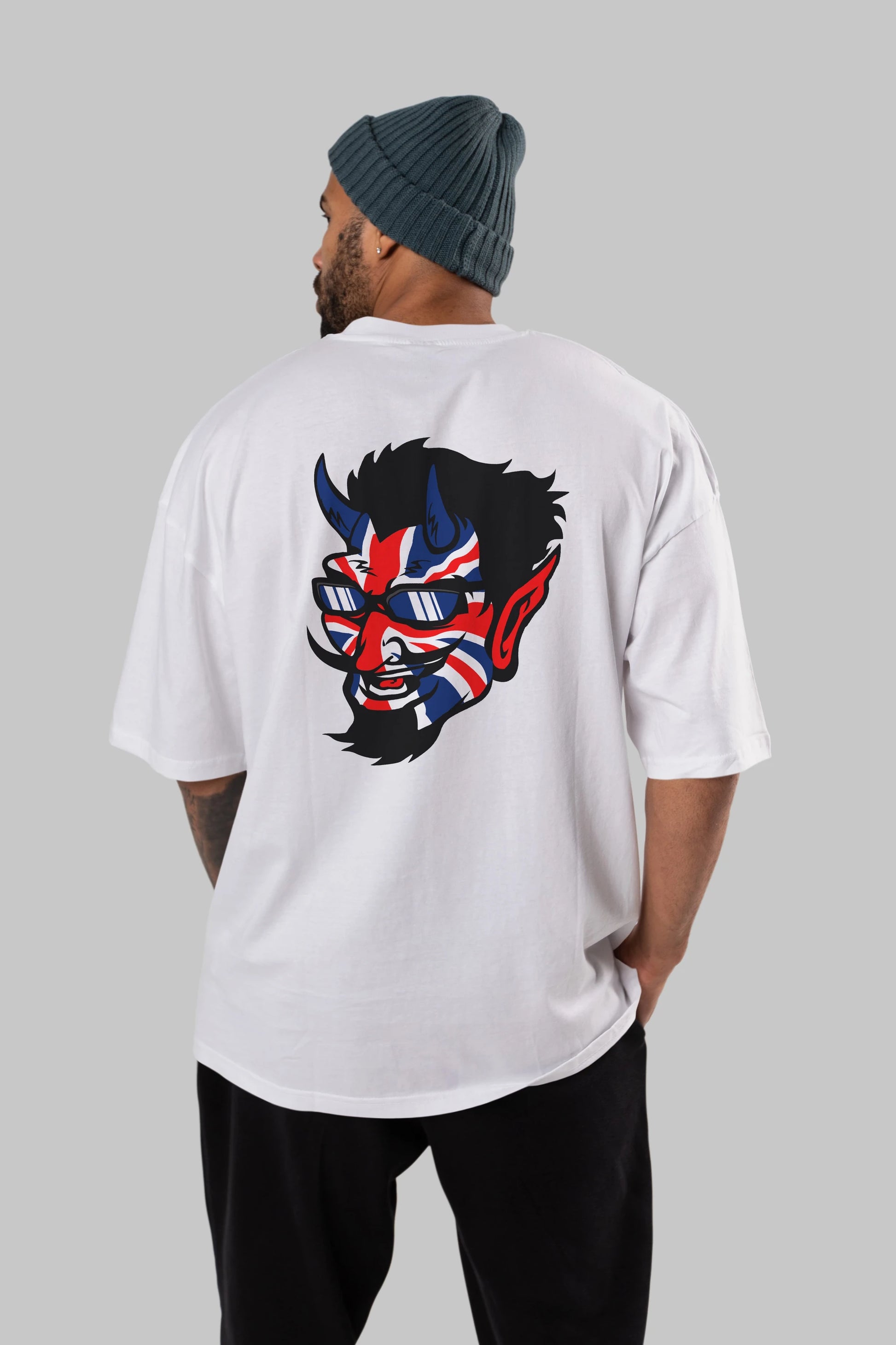 UK Devil Arka Baskılı Oversize t-shirt Erkek Kadın Unisex %100 Pamuk tişort