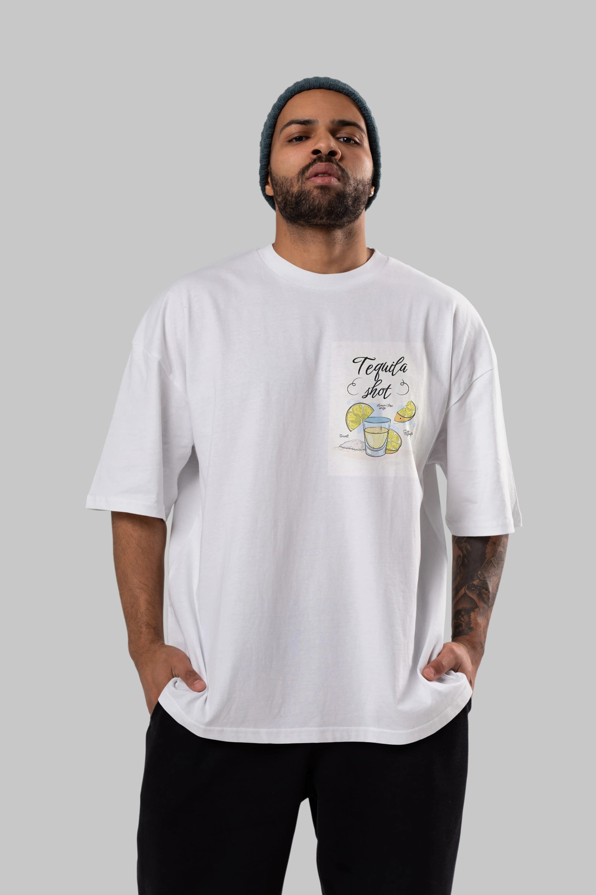 Tequila Shot Ön Sol Baskılı Oversize t-shirt Erkek Kadın Unisex %100 Pamuk Bisiklet Yaka tişort