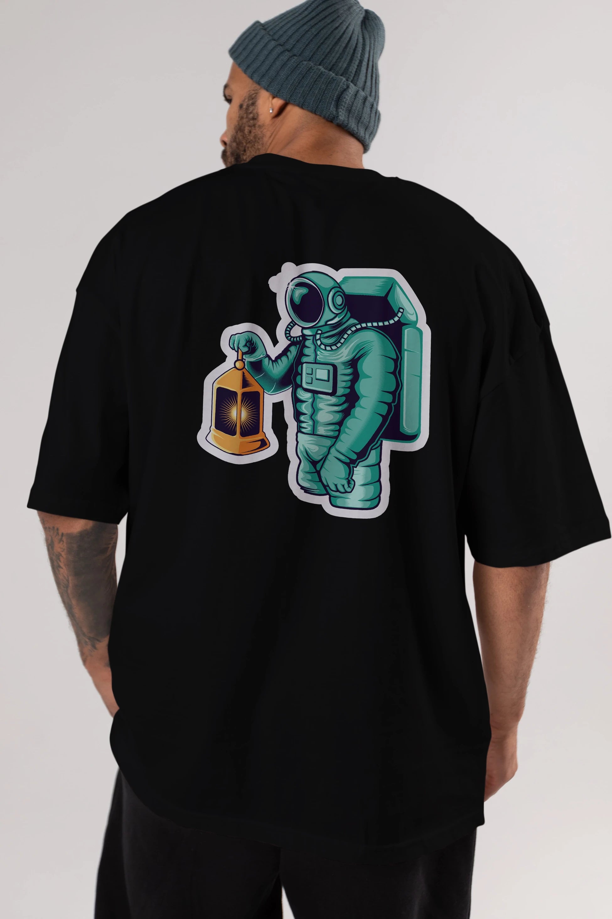 Astronaut Lantern Sticker Arka Baskılı Oversize t-shirt Erkek Kadın Unisex