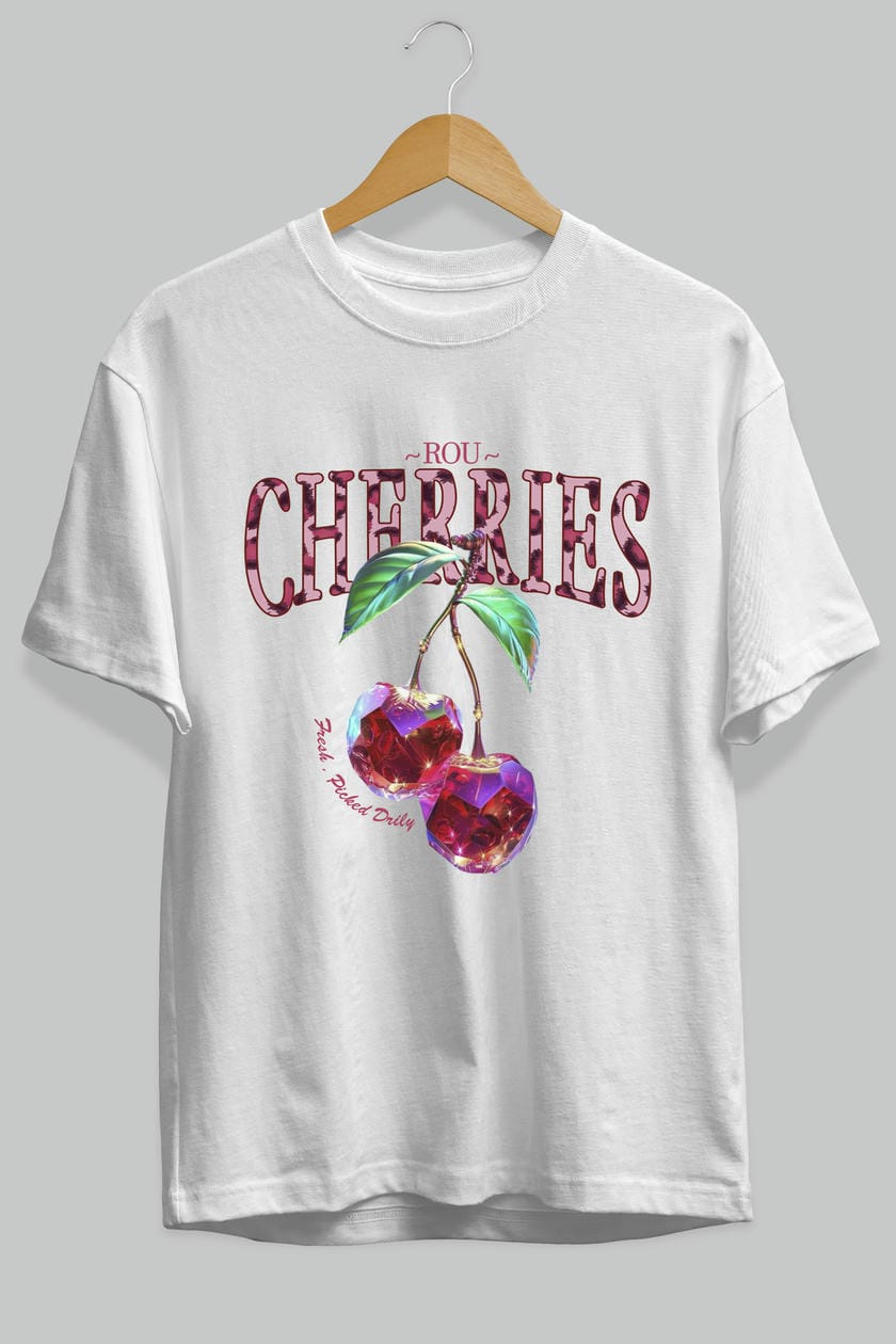 Cherry Cherries 4 Ön Baskılı Oversize t-shirt Erkek Kadın Pamuk Bisiklet Yaka tişort