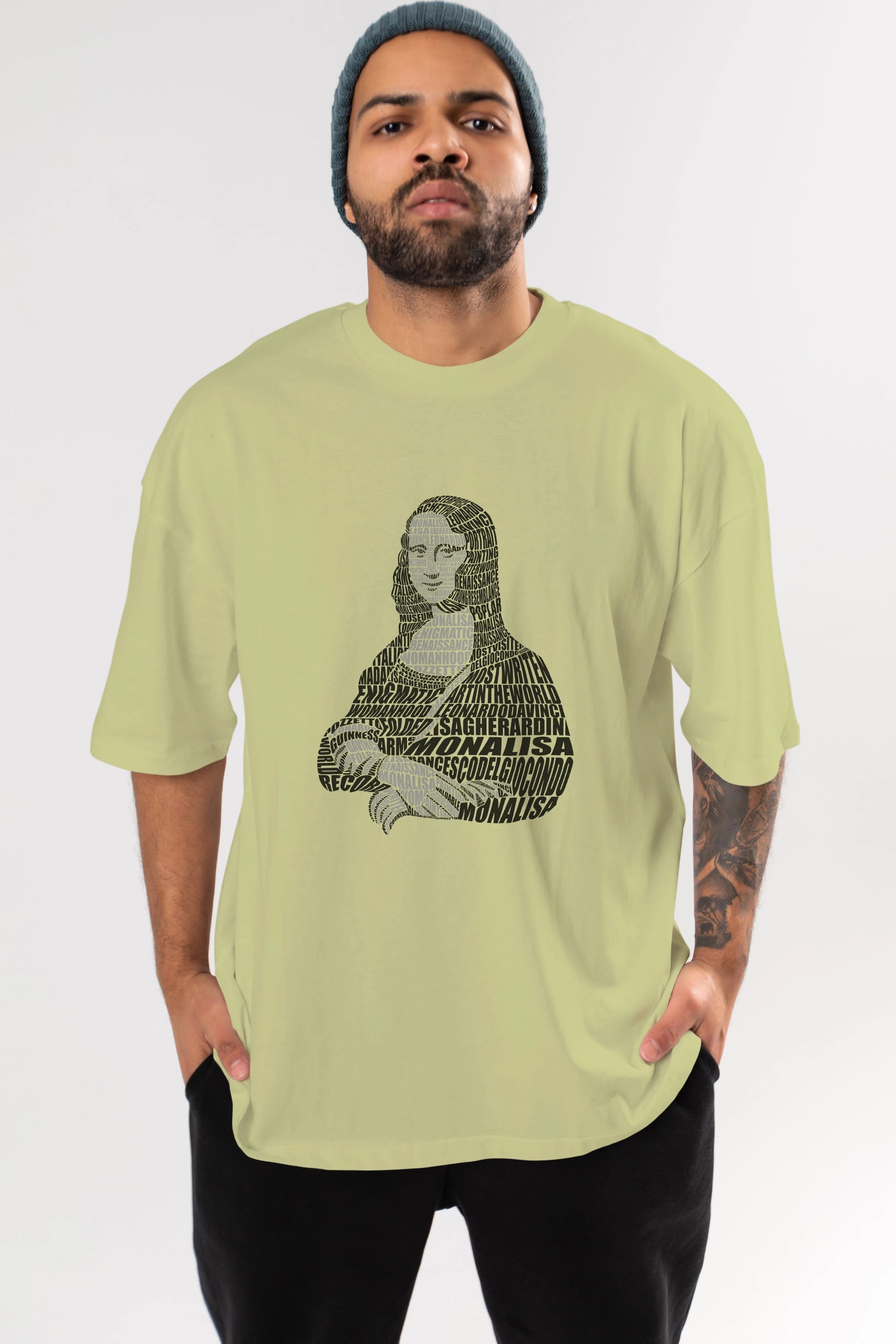 Mona Lisa Calligram Ön Baskılı Oversize t-shirt %100 pamuk Erkek Kadın Unisex