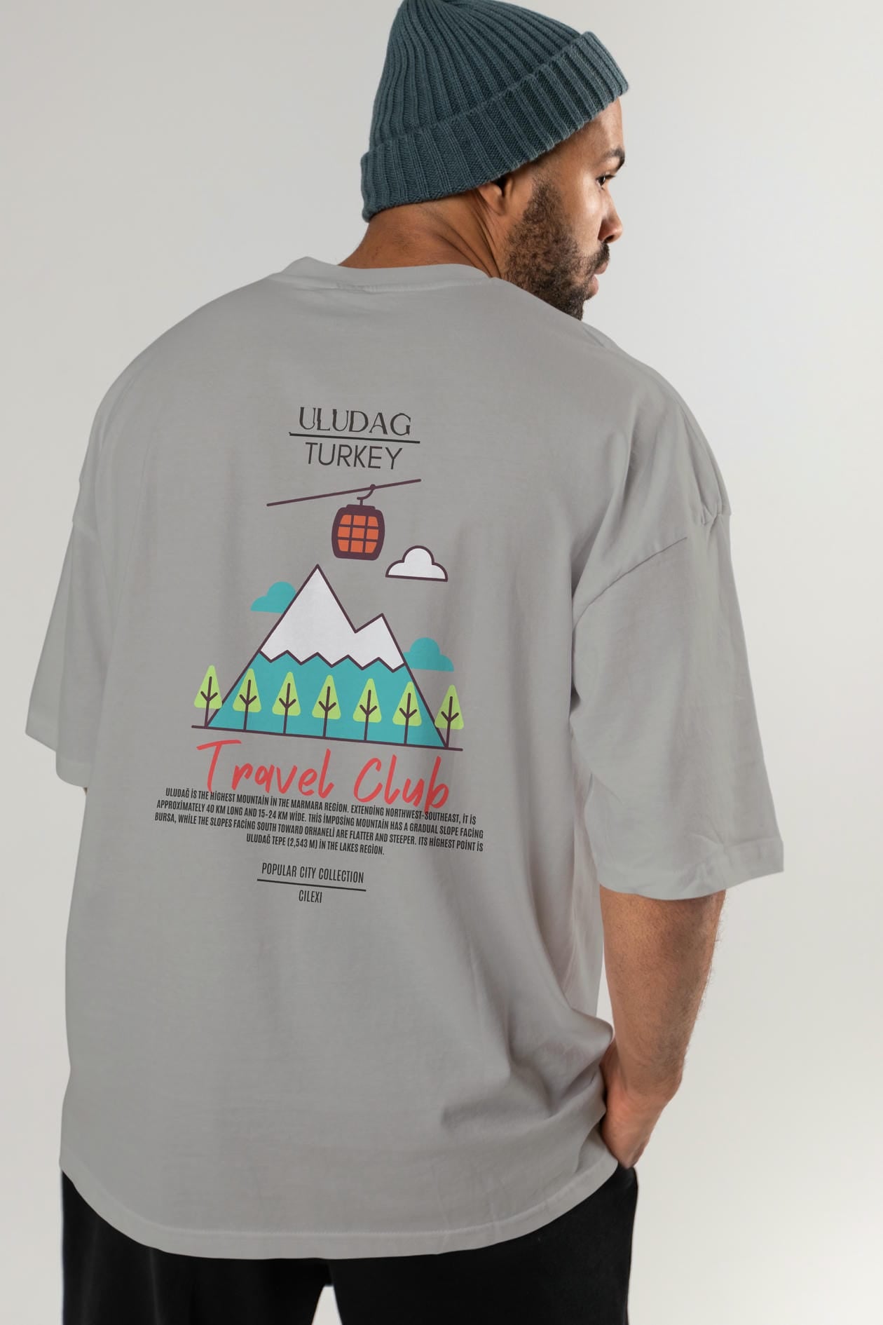 Uludağ Turkey Arka Baskılı Oversize t-shirt Erkek Kadın Pamuk Bisiklet Yaka tişort