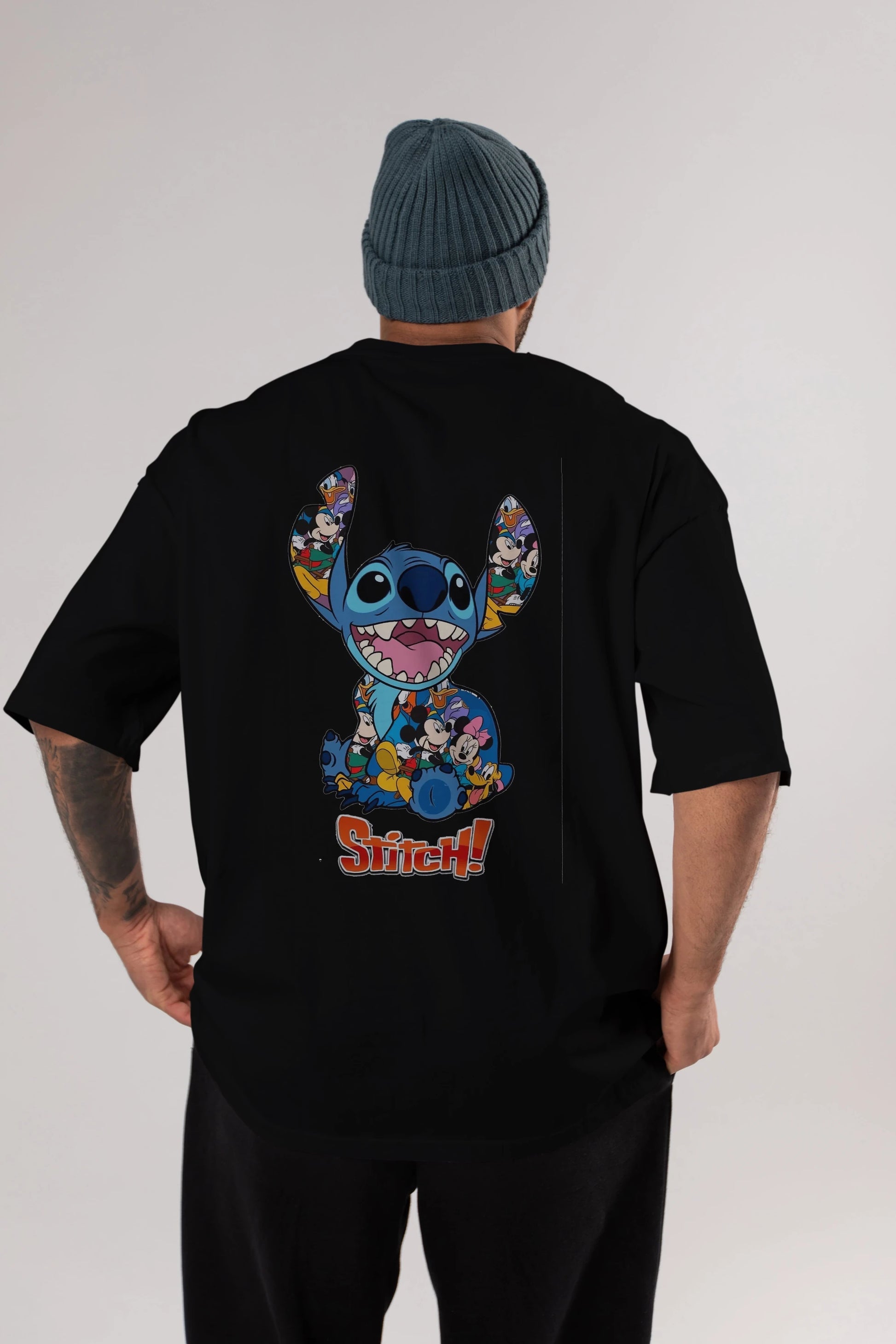Stitch Arka Baskılı Oversize t-shirt Erkek Kadın Unisex %100 Pamuk Bisiklet Yaka tişort