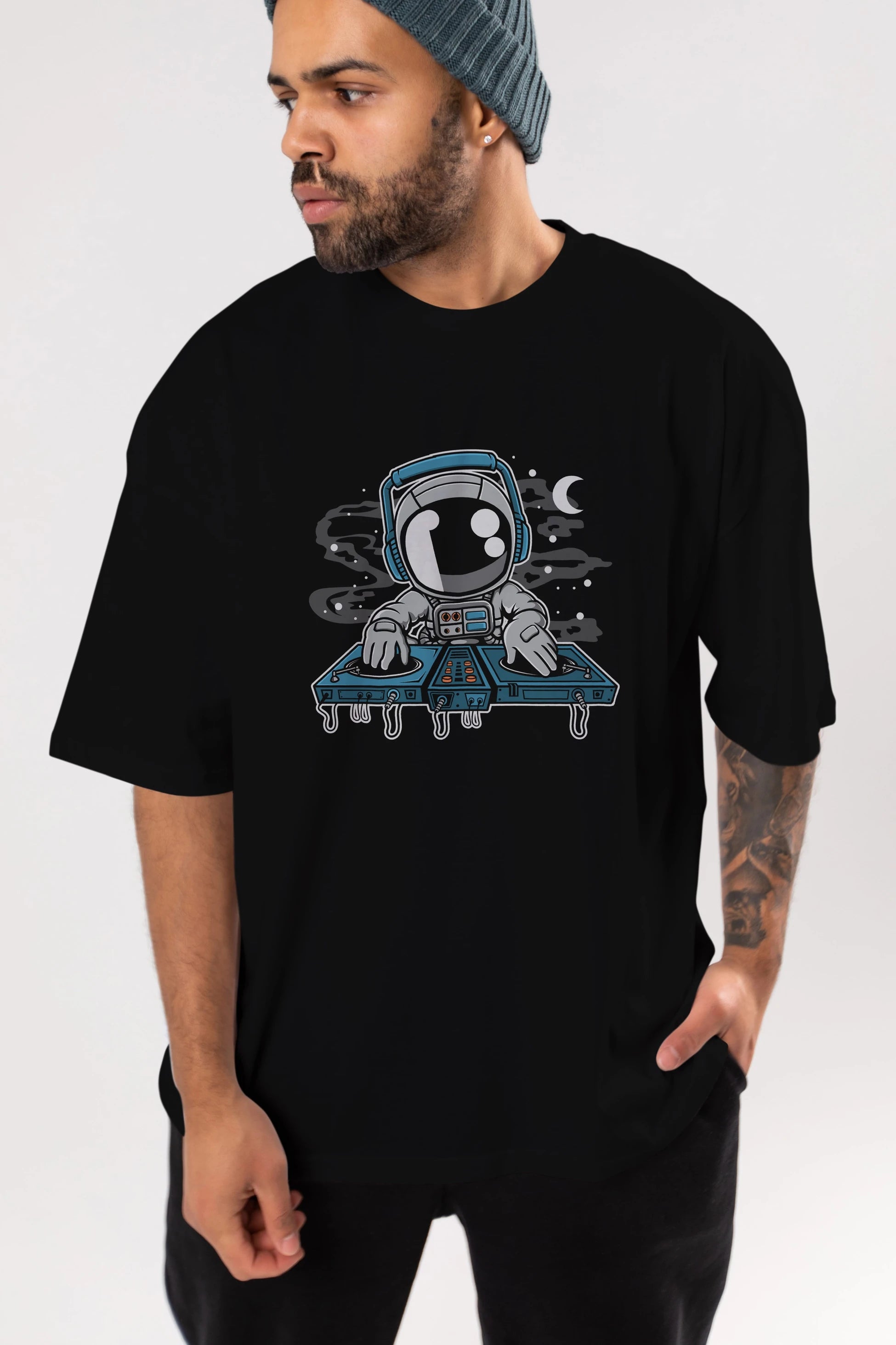 Astronaut Turntable Ön Baskılı Oversize t-shirt Erkek Kadın Unisex