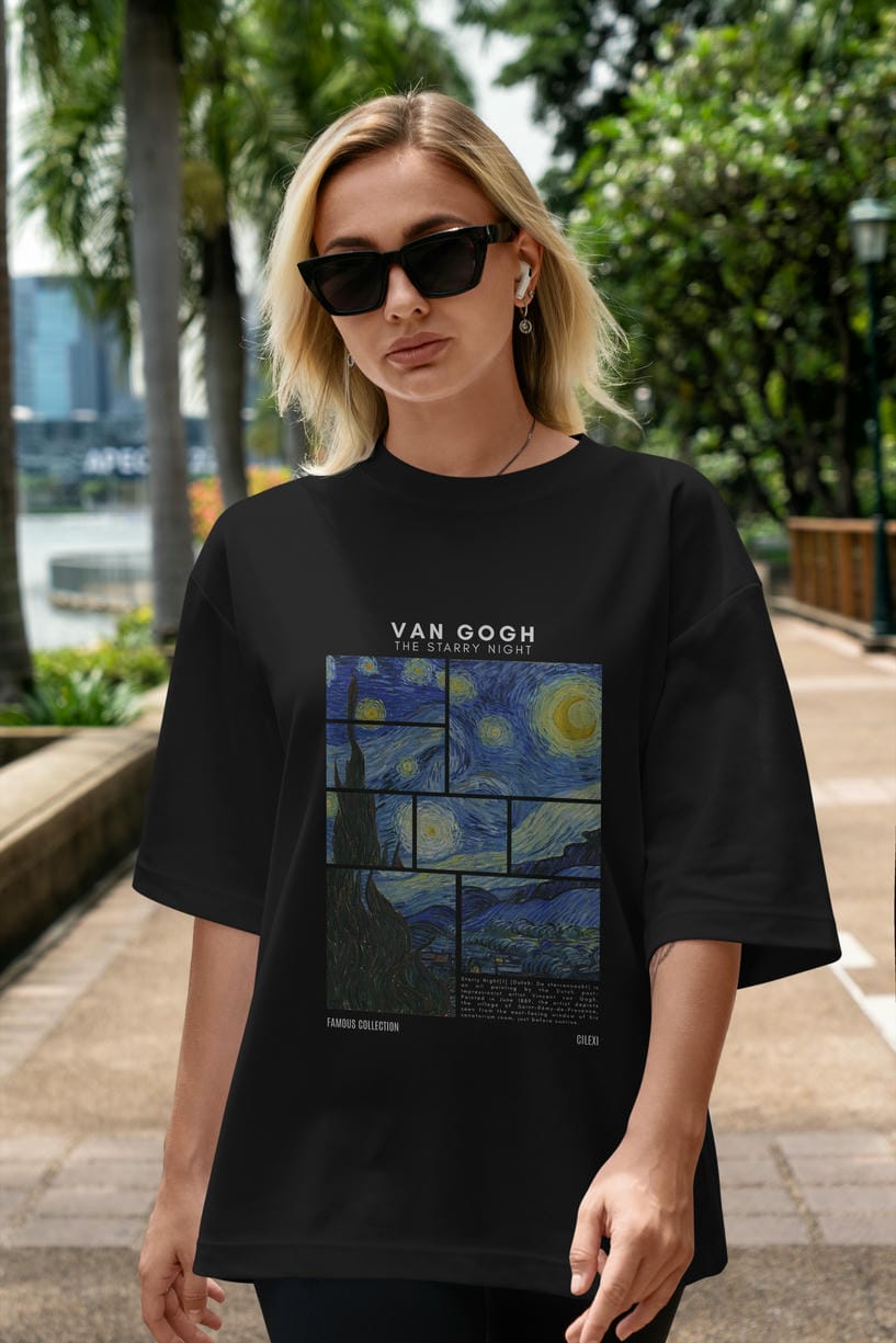 Van Gogh The Starry Night ön Baskılı Oversize t-shirt Erkek Kadın Bisiklet Yaka Pamuk tişort