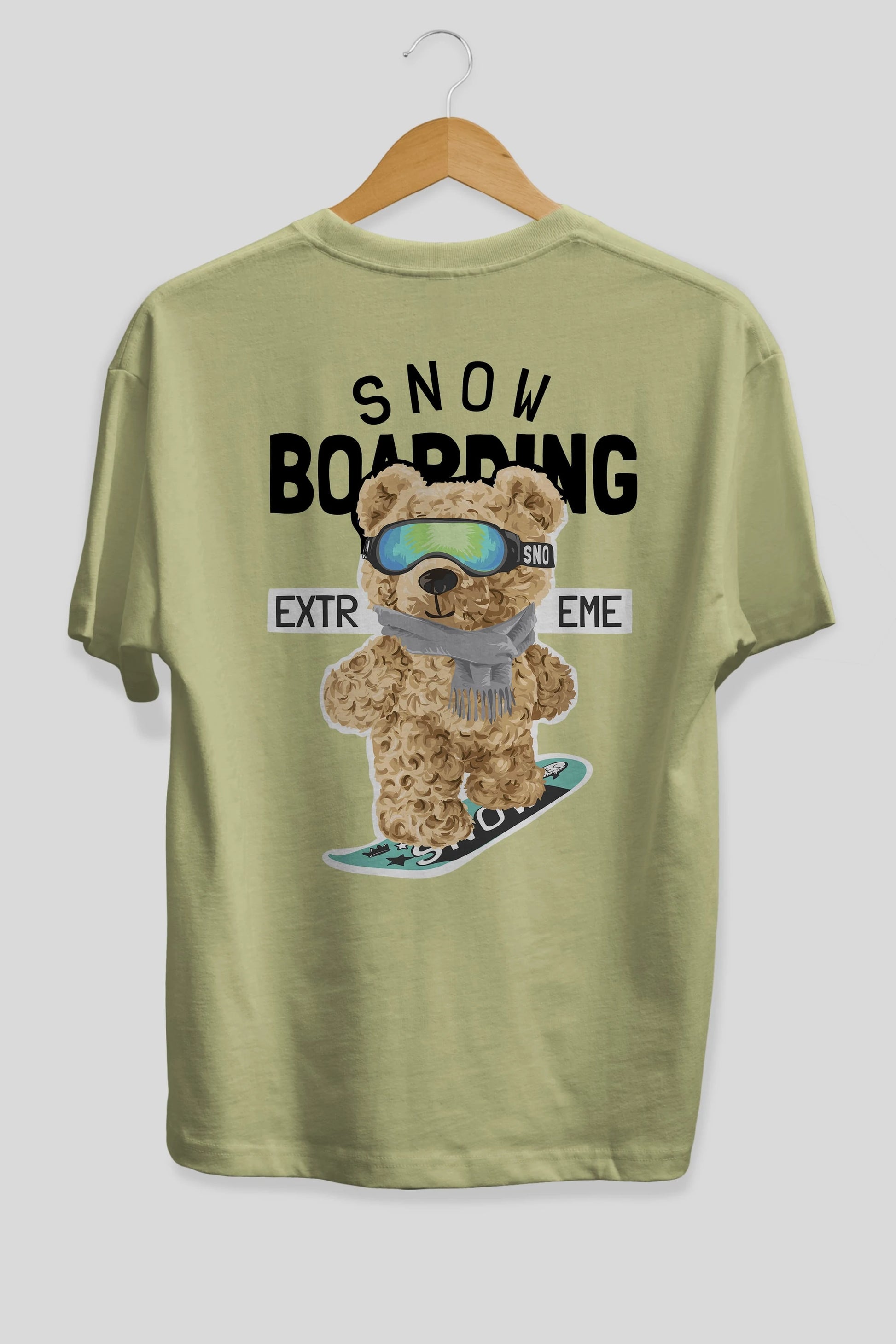 Teddy Bear Snow Boarding Arka Baskılı Oversize t-shirt Erkek Kadın Unisex %100 Pamuk