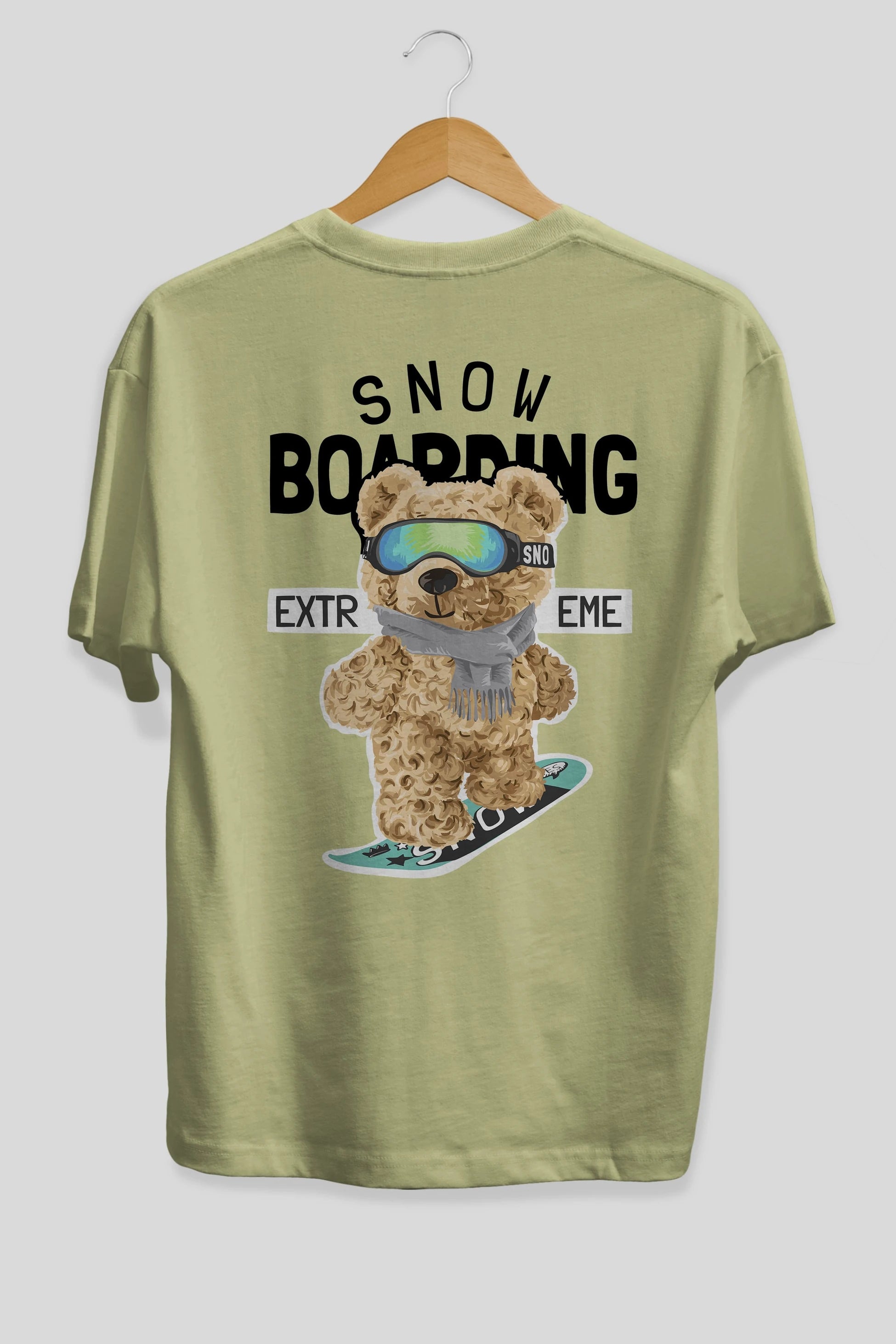 Teddy Bear Snow Boarding Arka Baskılı Oversize t-shirt Erkek Kadın Unisex %100 Pamuk