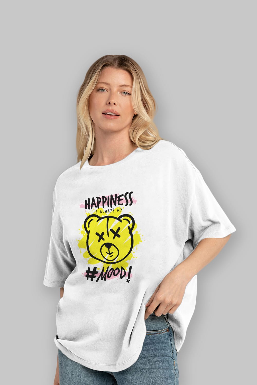 Happiness Mood Bear Ön Baskılı Oversize t-shirt Erkek Kadın Unisex