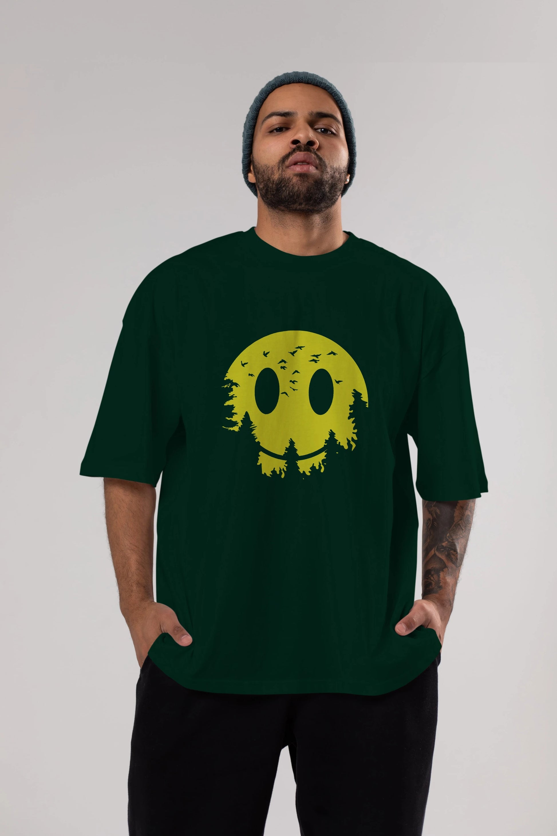 Smiley Moon Ön Baskılı Oversize t-shirt %100 pamuk Erkek Kadın Unisex