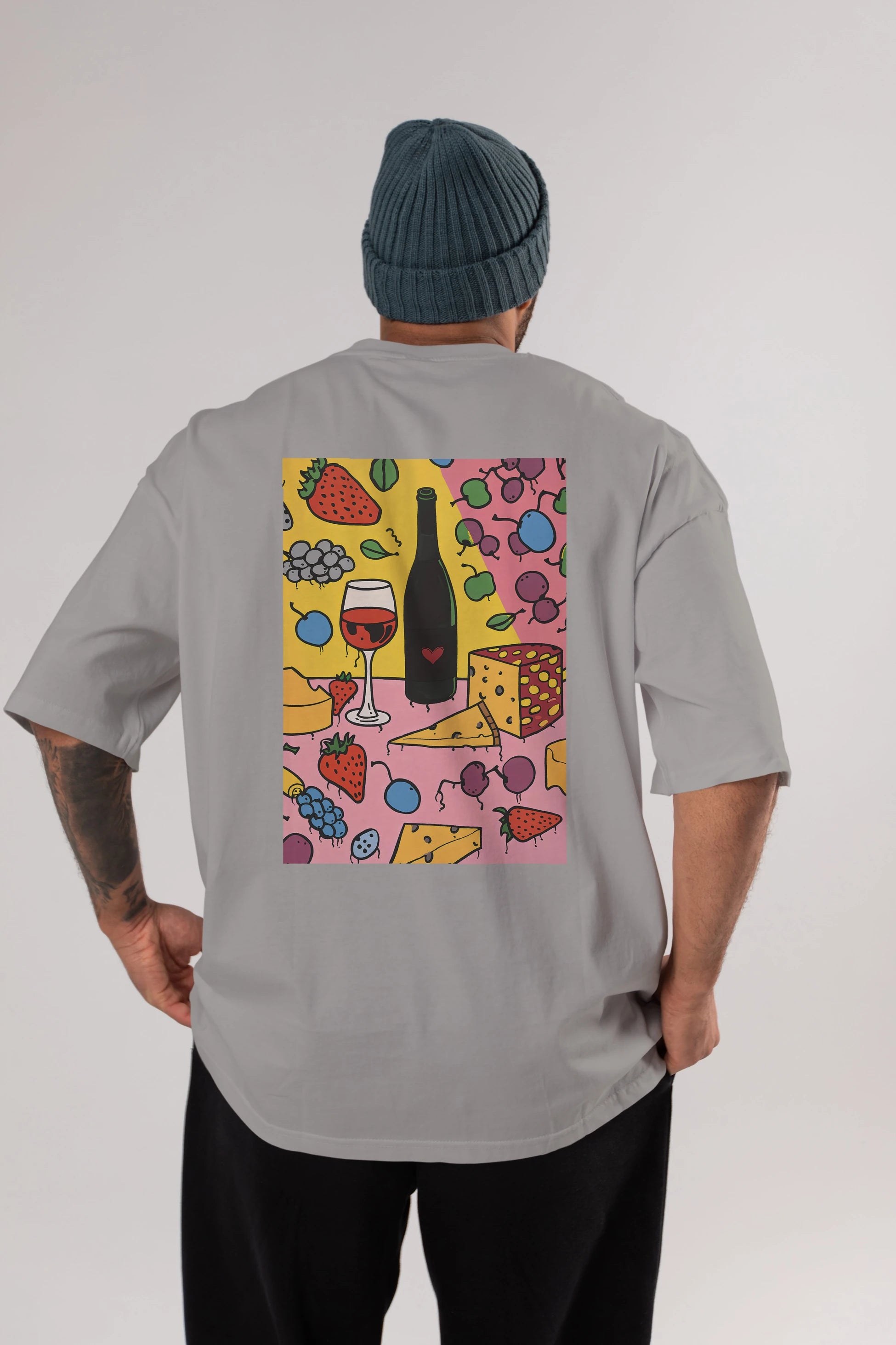 Wine Cheese Fruits Arka Baskılı Oversize t-shirt Erkek Kadın Unisex %100 Pamuk Bisiklet Yaka tişort