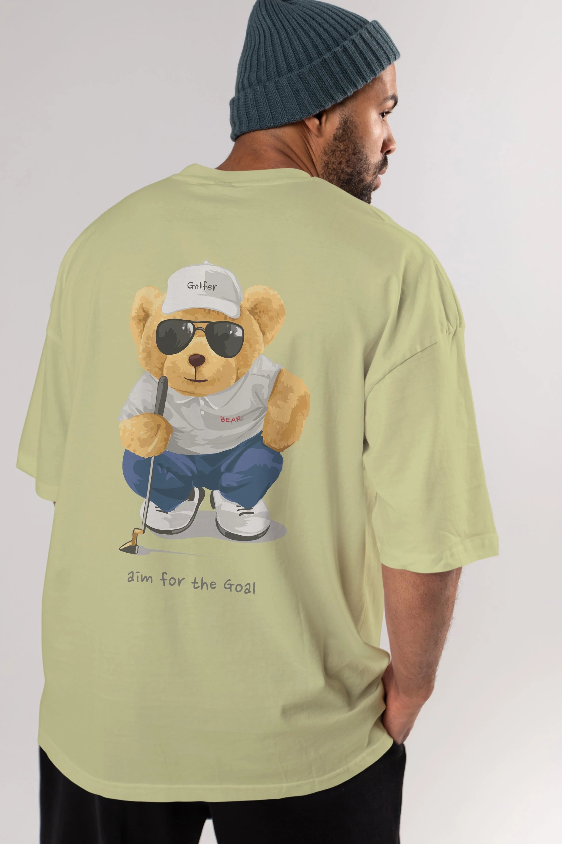 Teddy Bear Golfer Arka Baskılı Oversize t-shirt Erkek Kadın Unisex %100 Pamuk