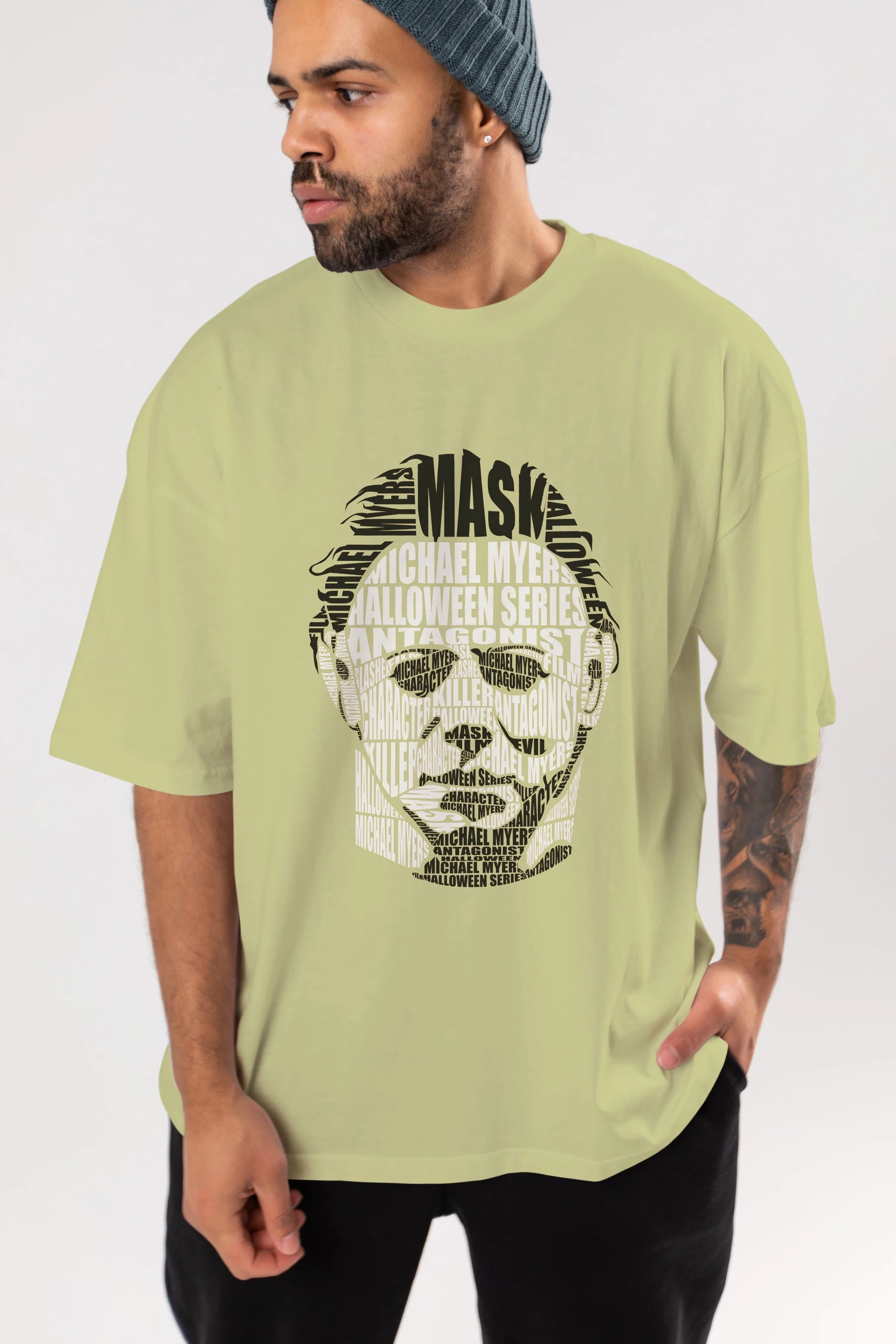 Michael Myers Calligram Ön Baskılı Oversize t-shirt %100 pamuk Erkek Kadın Unisex
