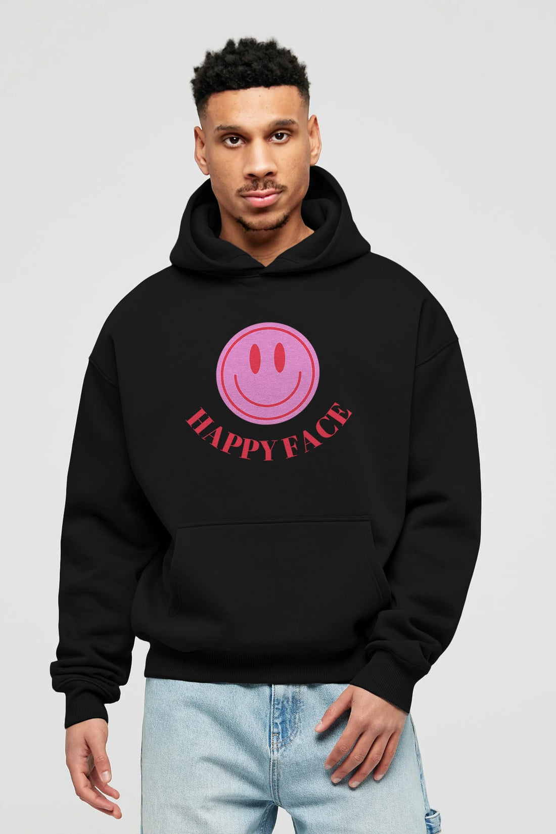 Happy Face Yazılı Ön Baskılı Oversize Hoodie Kapüşonlu Sweatshirt Erkek Kadın Unisex