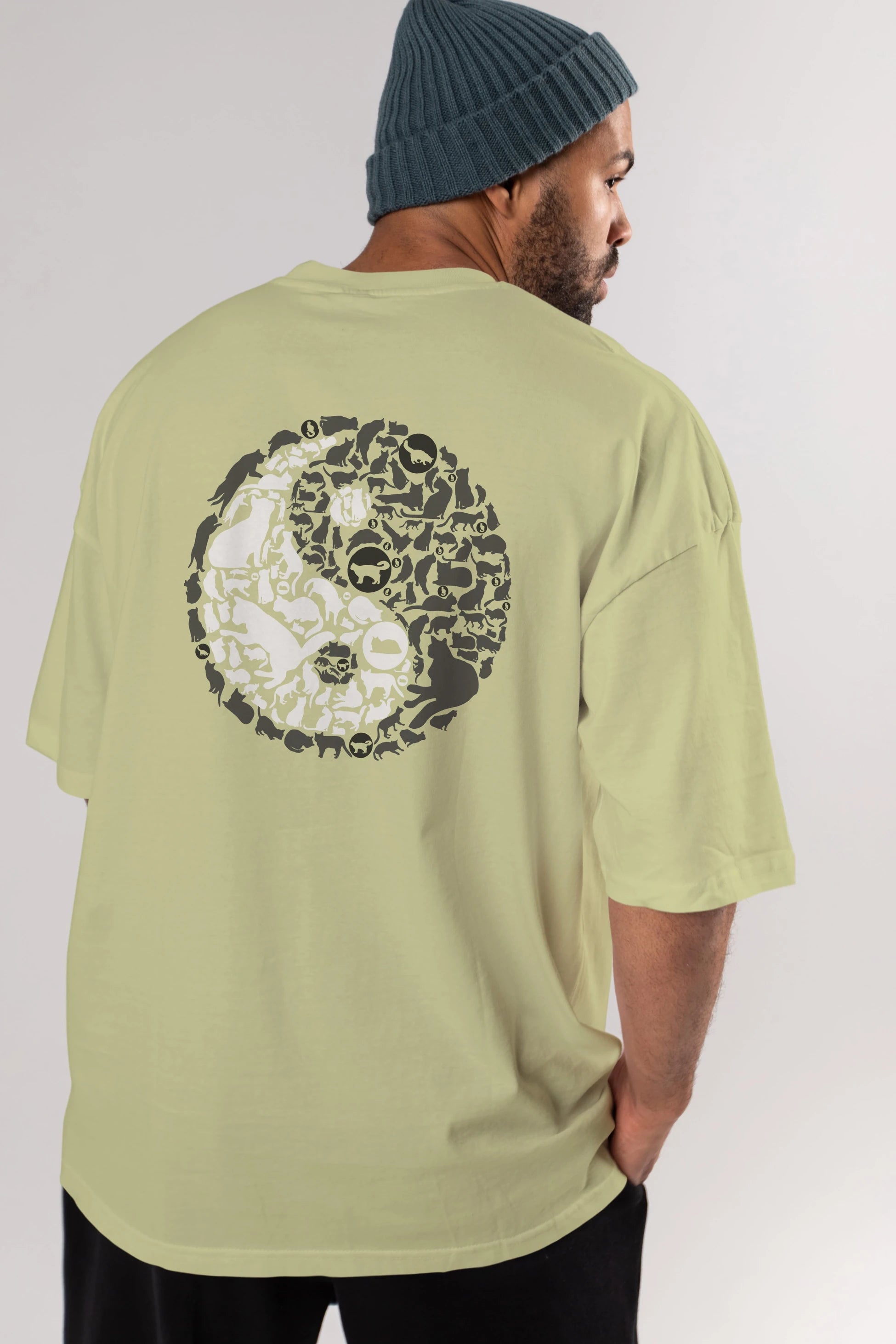 YinYang Cats Arka Baskılı Oversize t-shirt %100 pamuk Erkek Kadın Unisex