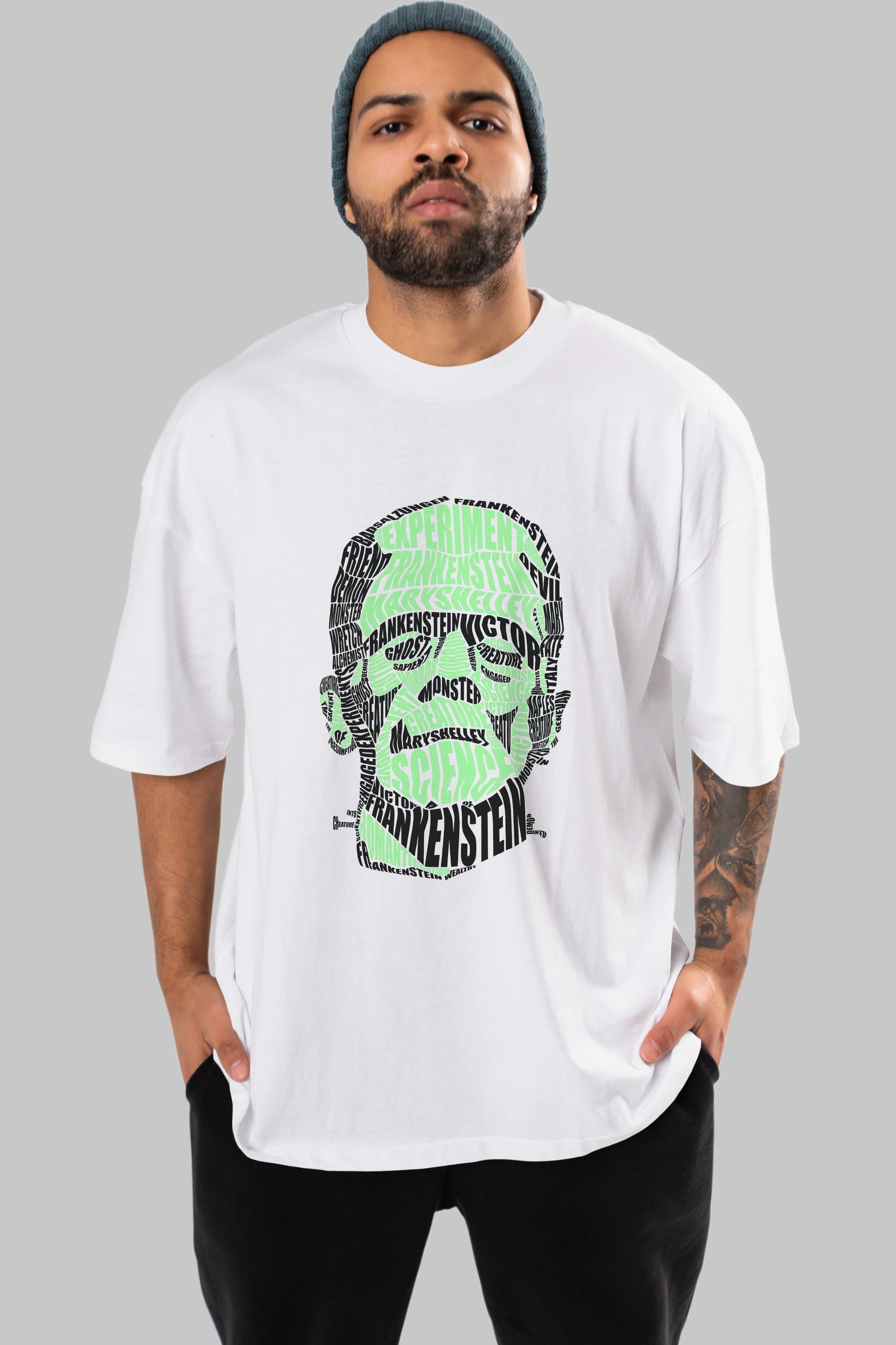 Frankenstein Calligram Ön Baskılı Oversize t-shirt %100 pamuk Erkek Kadın Unisex
