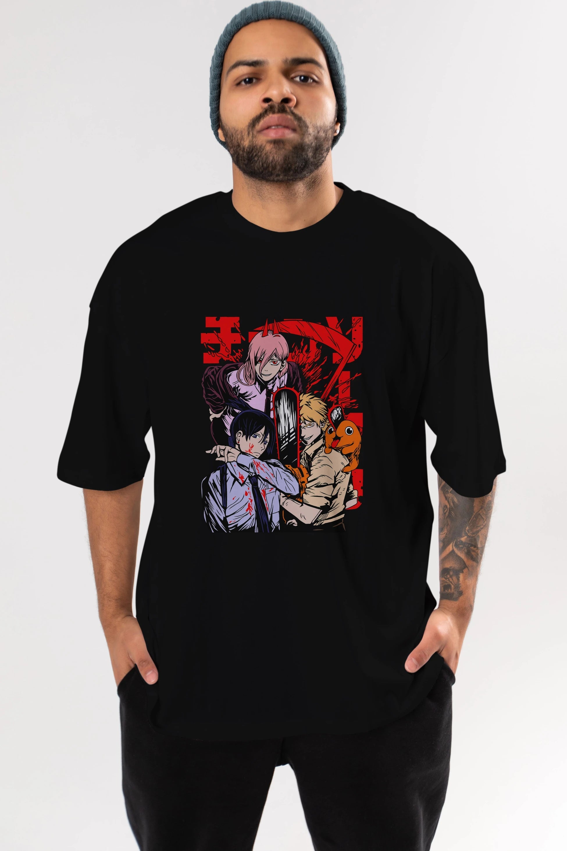 CHAINSAWMAN CREW Anime Ön Baskılı Oversize t-shirt %100 pamuk Erkek Kadın Unisex