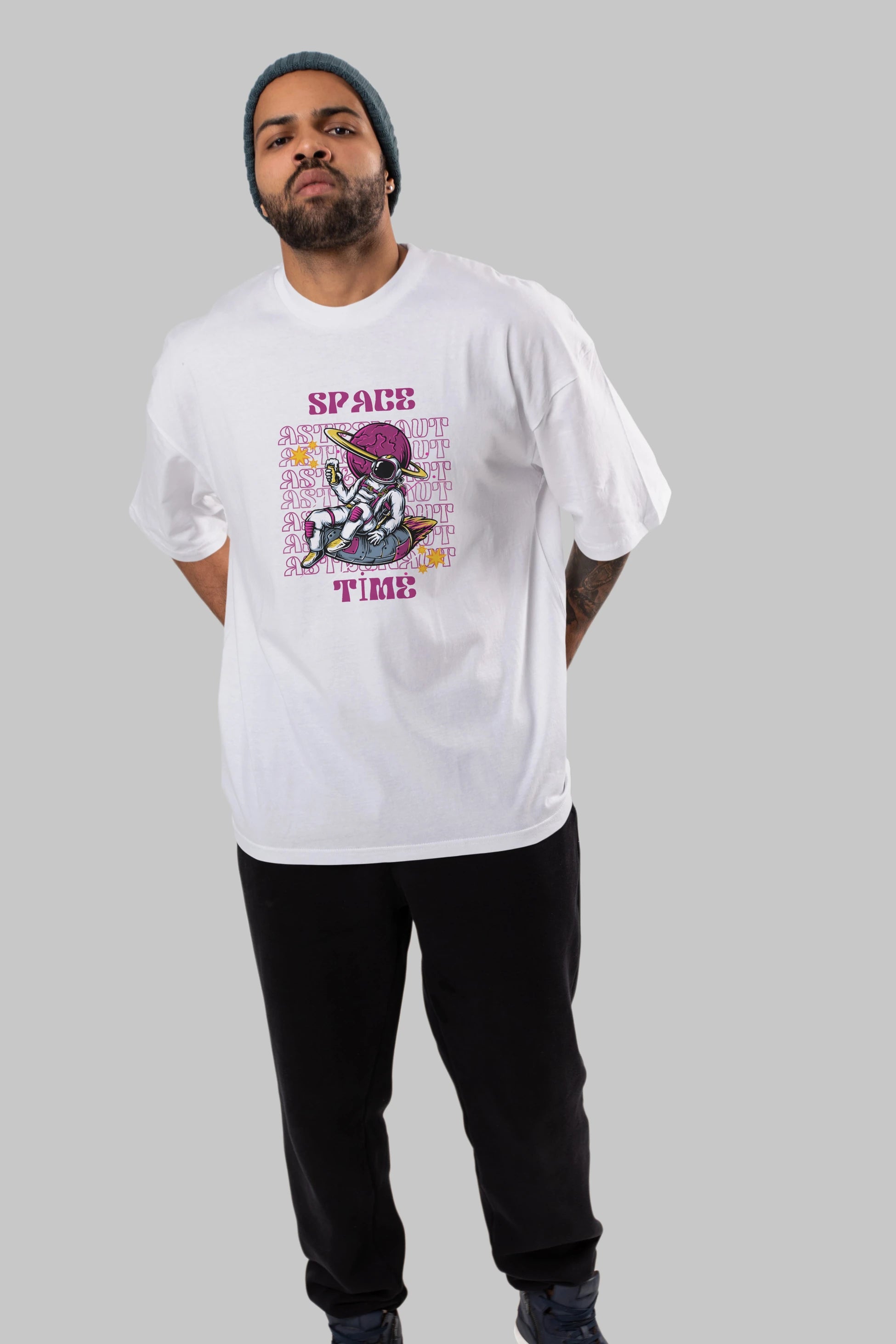 Space Time Astronaut Yazılı Ön Baskılı Oversize t-shirt Erkek Kadın Unisex
