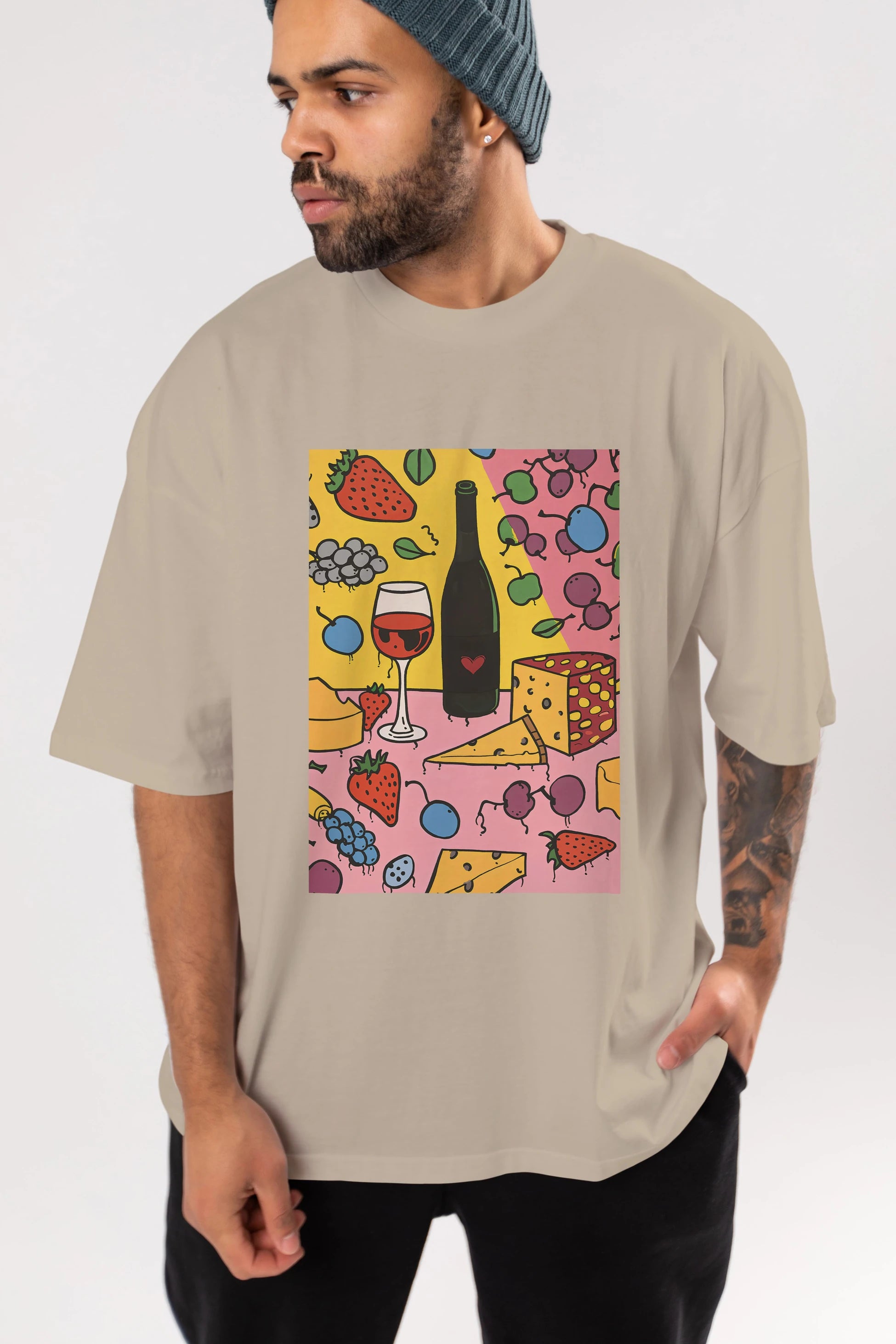 Wine Cheese Fruits Ön Baskılı Oversize t-shirt Erkek Kadın Unisex %100 Pamuk Bisiklet Yaka tişort
