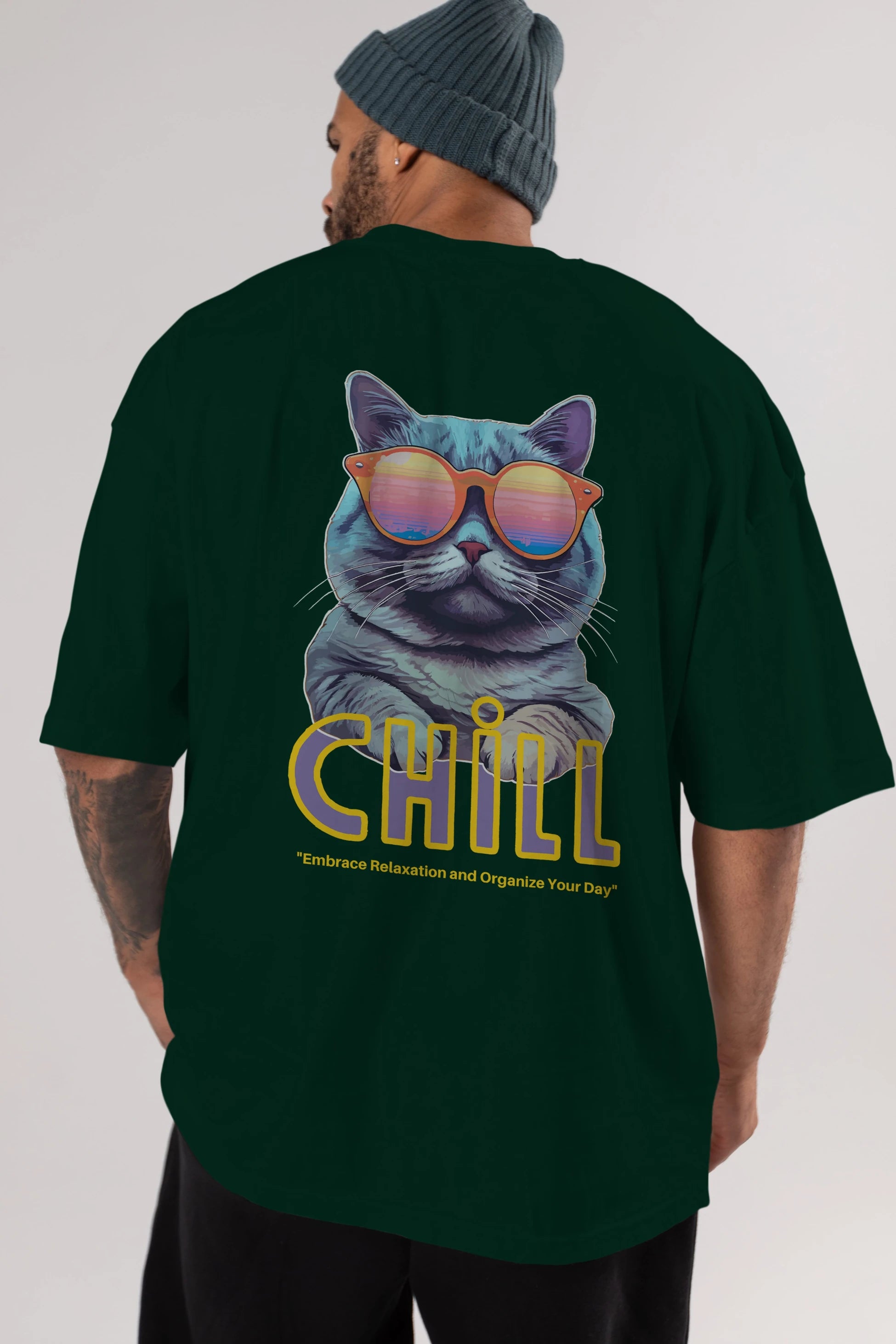 Chill Cat Arka Baskılı Oversize t-shirt Erkek Kadın Unisex