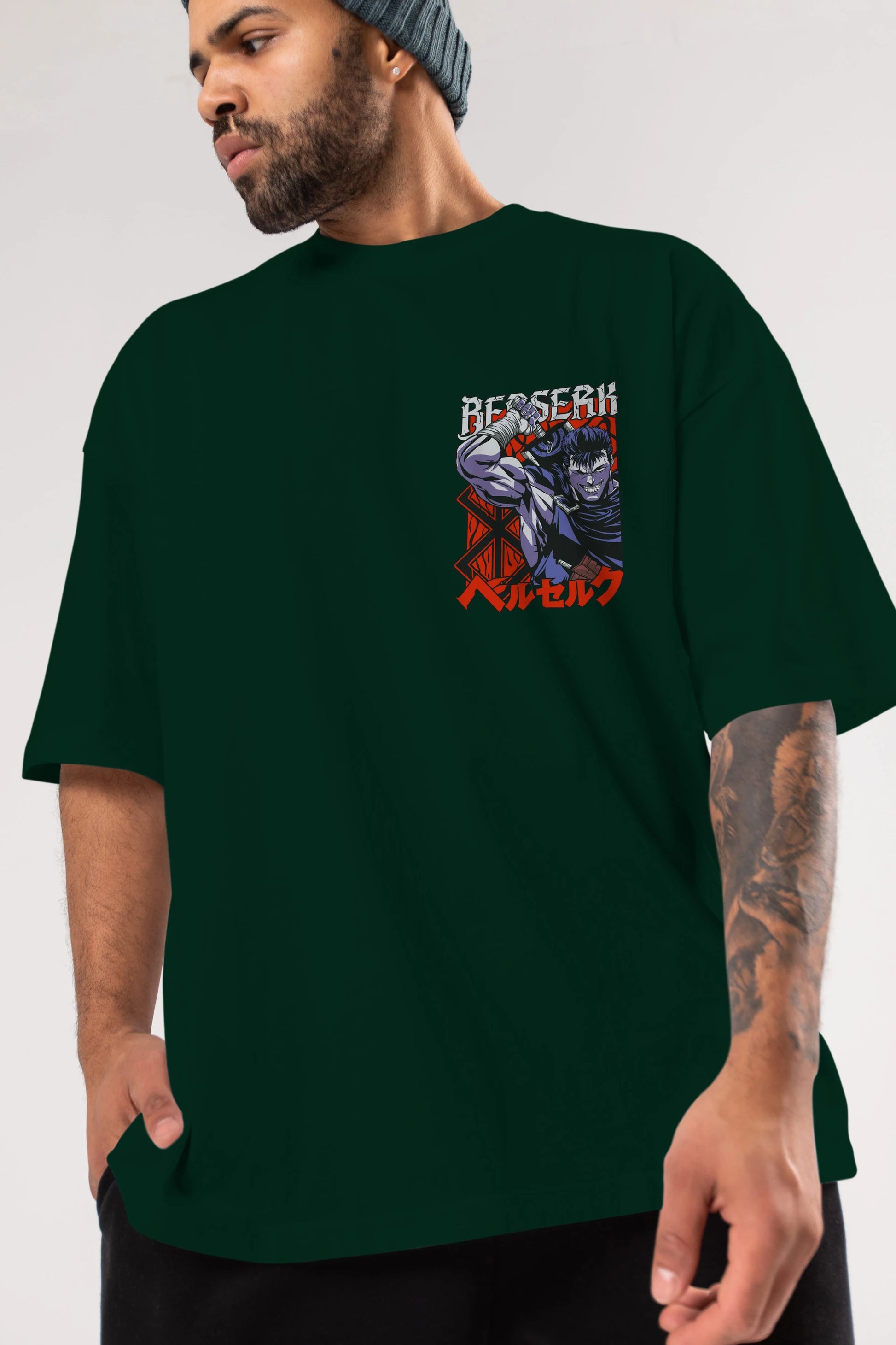 GUTS berserk Ön Sol Baskılı Oversize t-shirt Erkek Kadın Unisex %100 Pamuk Bisiklet Yaka tişort