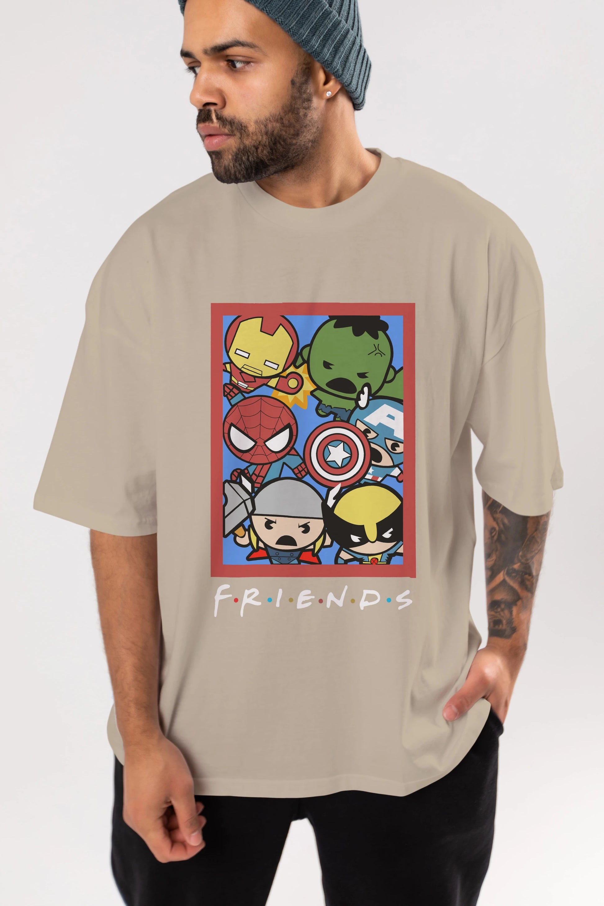 Friends Avenger Ön Baskılı Oversize t-shirt Erkek Kadın Unisex %100 Pamuk Bisiklet Yaka tişort