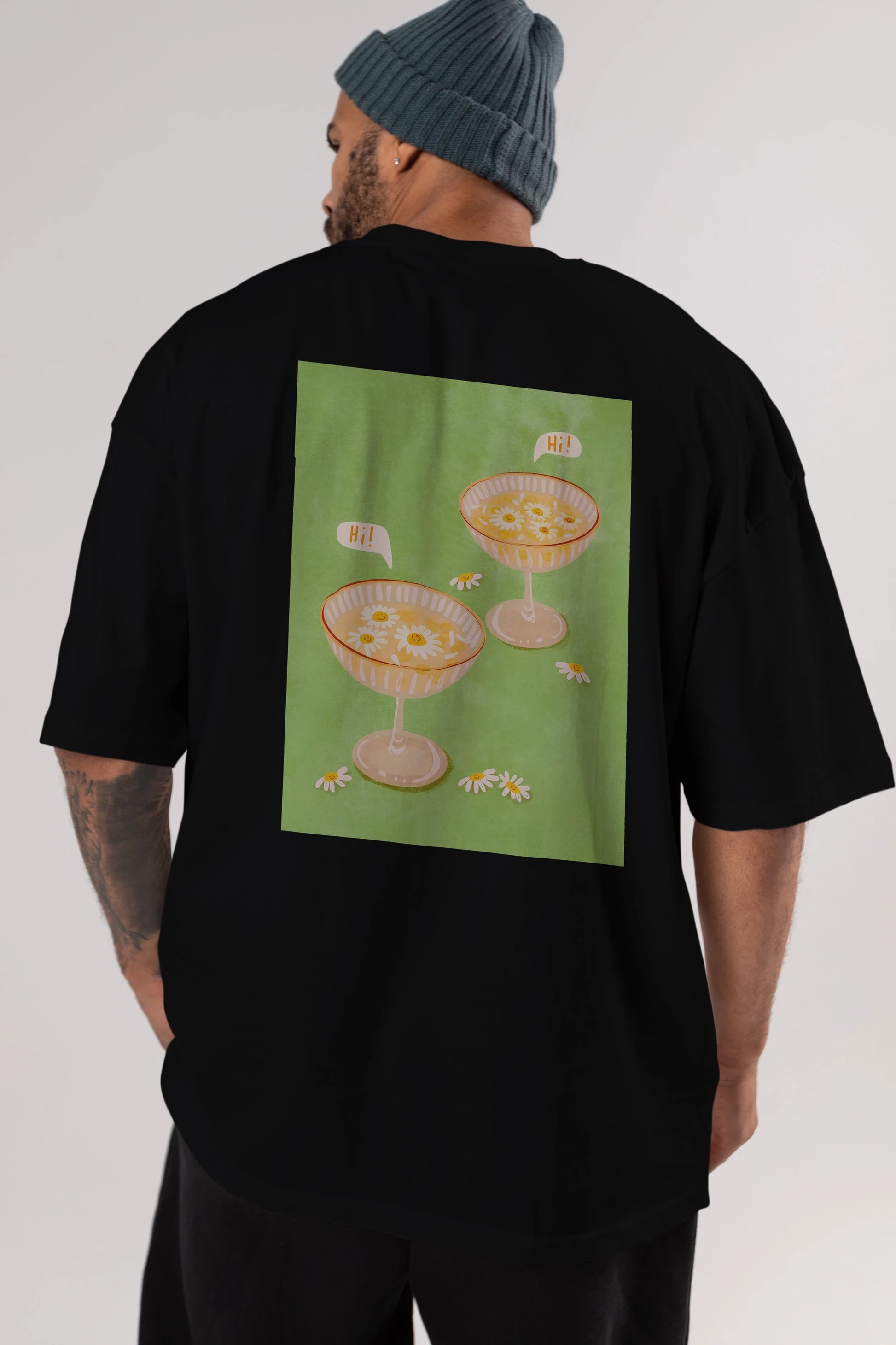 Hi Cheers Arka Baskılı Oversize t-shirt Erkek Kadın Unisex %100 Pamuk Bisiklet Yaka tişort