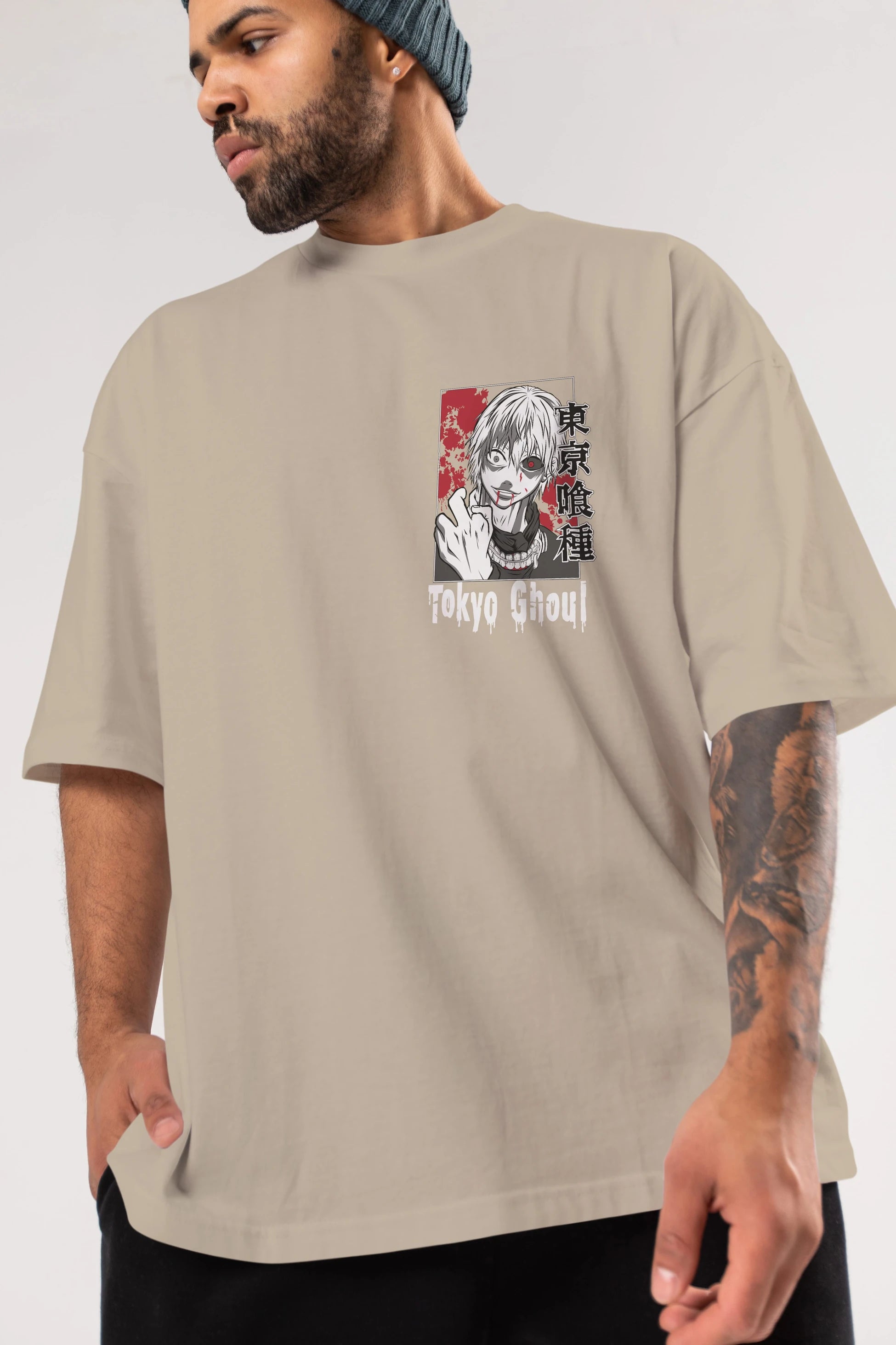 Kaneki Ken TOKYO GHOUL Ön Sol Baskılı Oversize t-shirt Erkek Kadın Unisex %100 Pamuk Bisiklet Yaka tişort