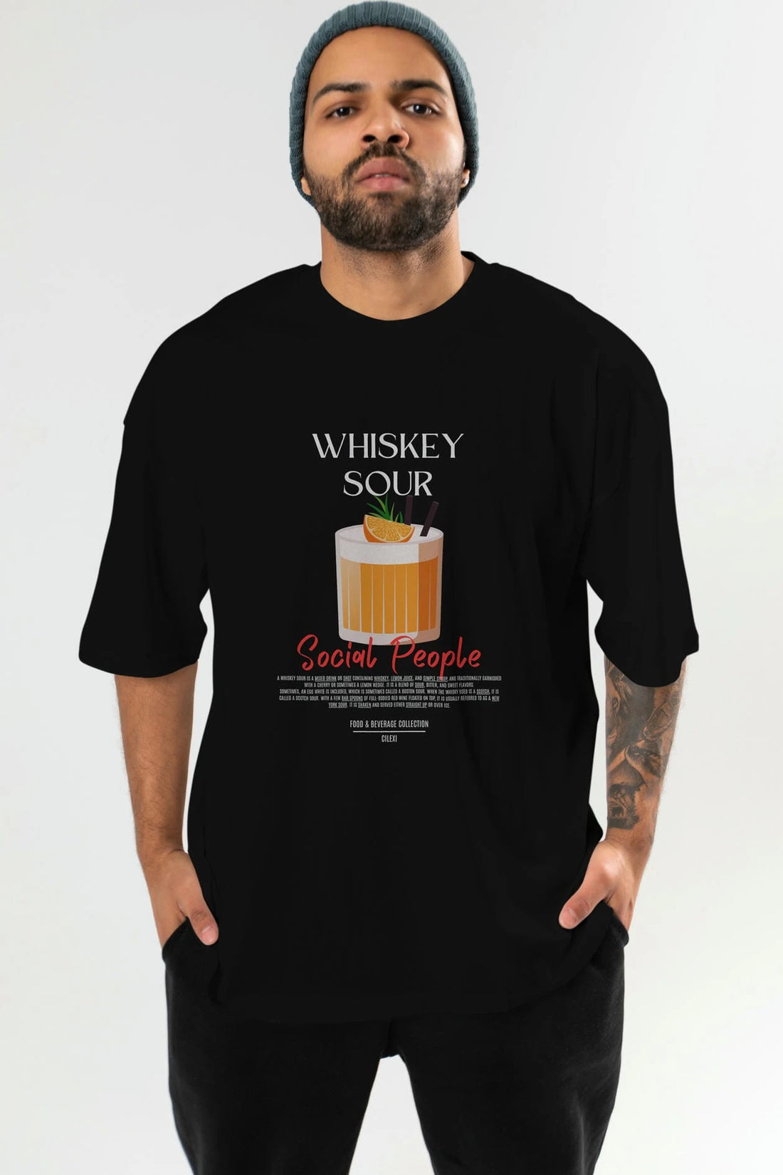 Whıskey Sour Kokteyl Serisi ön Baskılı Oversize t-shirt Erkek Kadın %100 Pamuk Bisiklet Yaka tişort