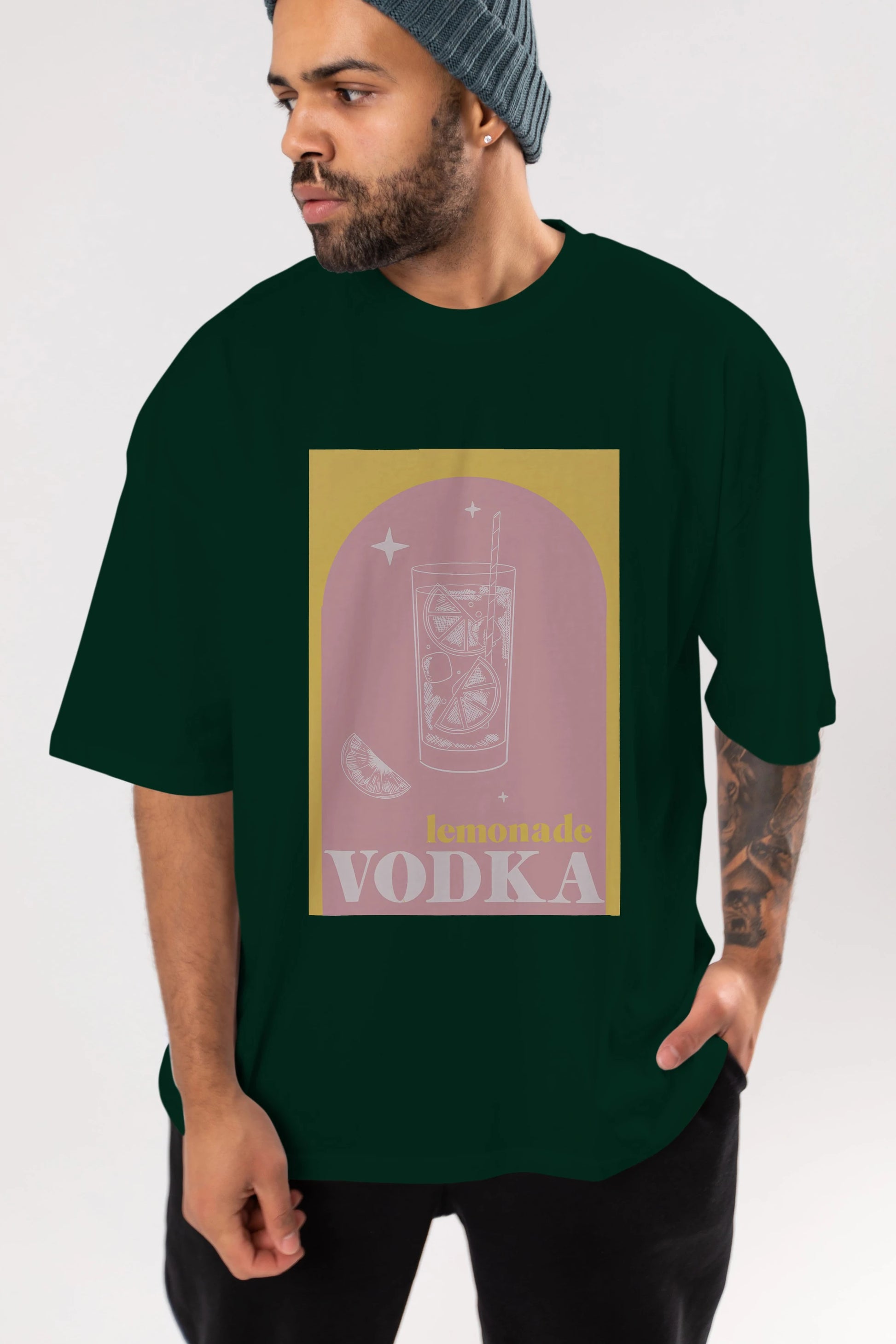 Vodka Limon Ön Baskılı Oversize t-shirt Erkek Kadın Unisex %100 Pamuk Bisiklet Yaka tişort