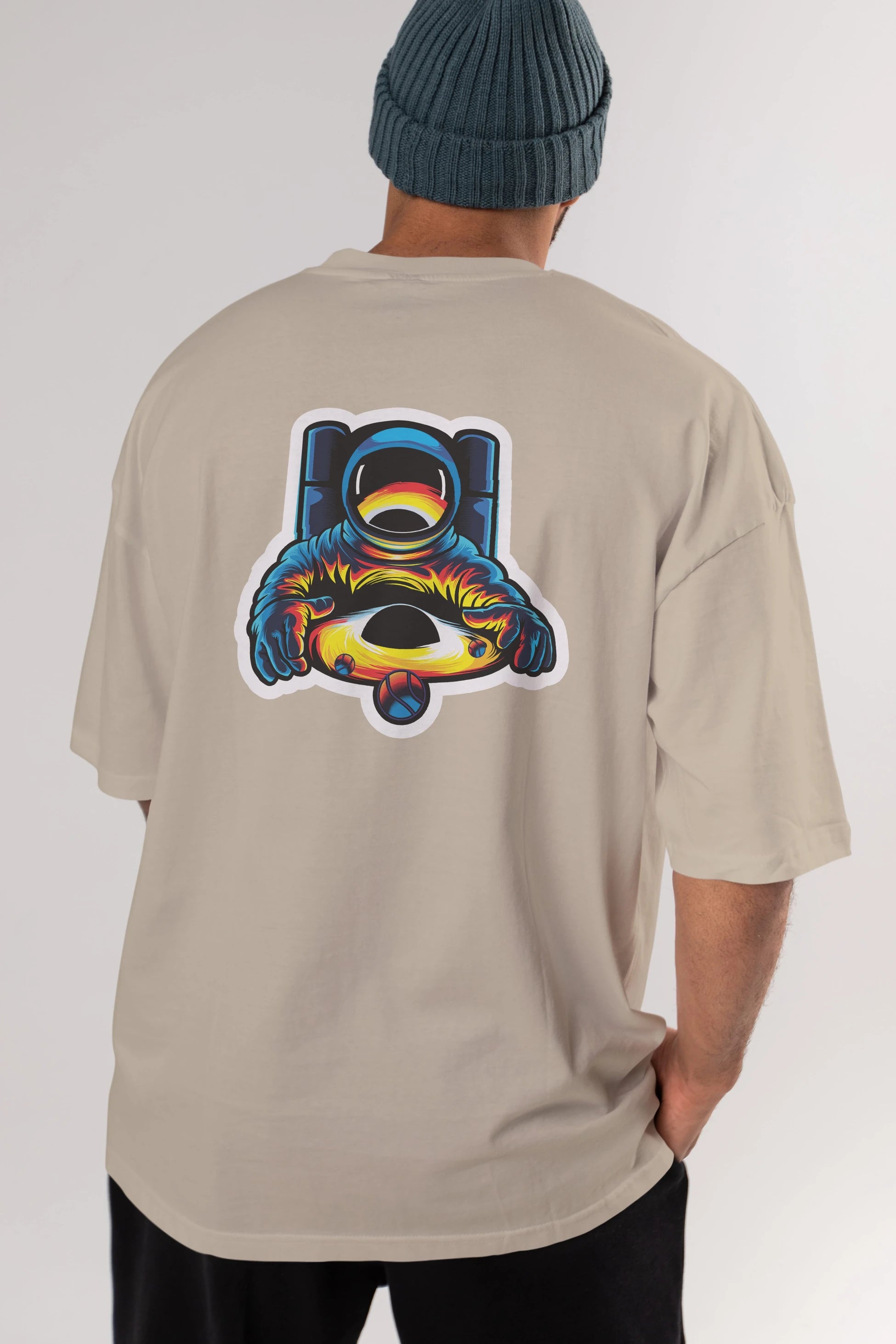 Astronaut & Black Hole Sticker Arka Baskılı Oversize t-shirt Erkek Kadın Unisex