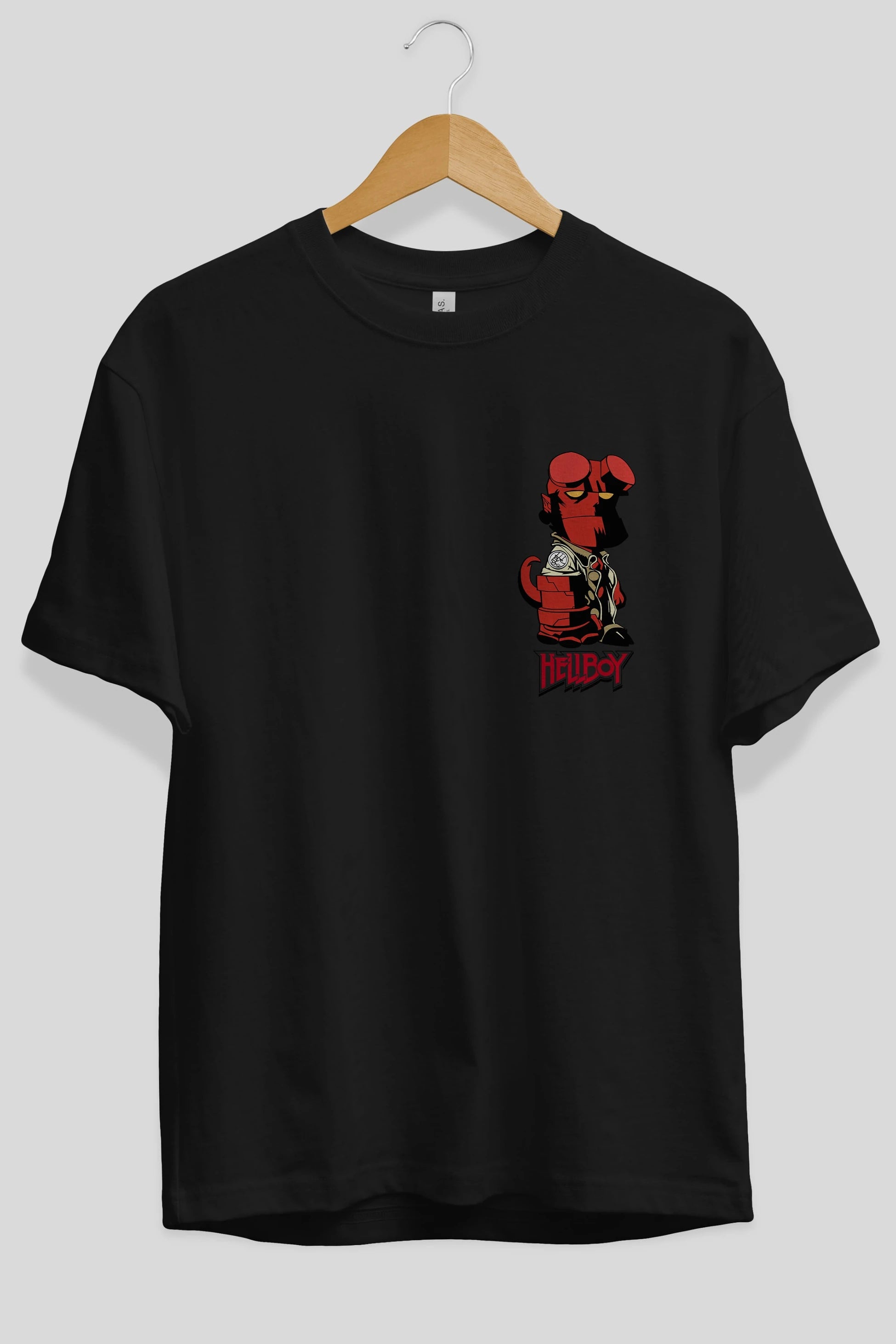 Hellboy (1) Ön Sol Baskılı Oversize t-shirt Erkek Kadın Unisex %100 Pamuk Bisiklet Yaka tişort