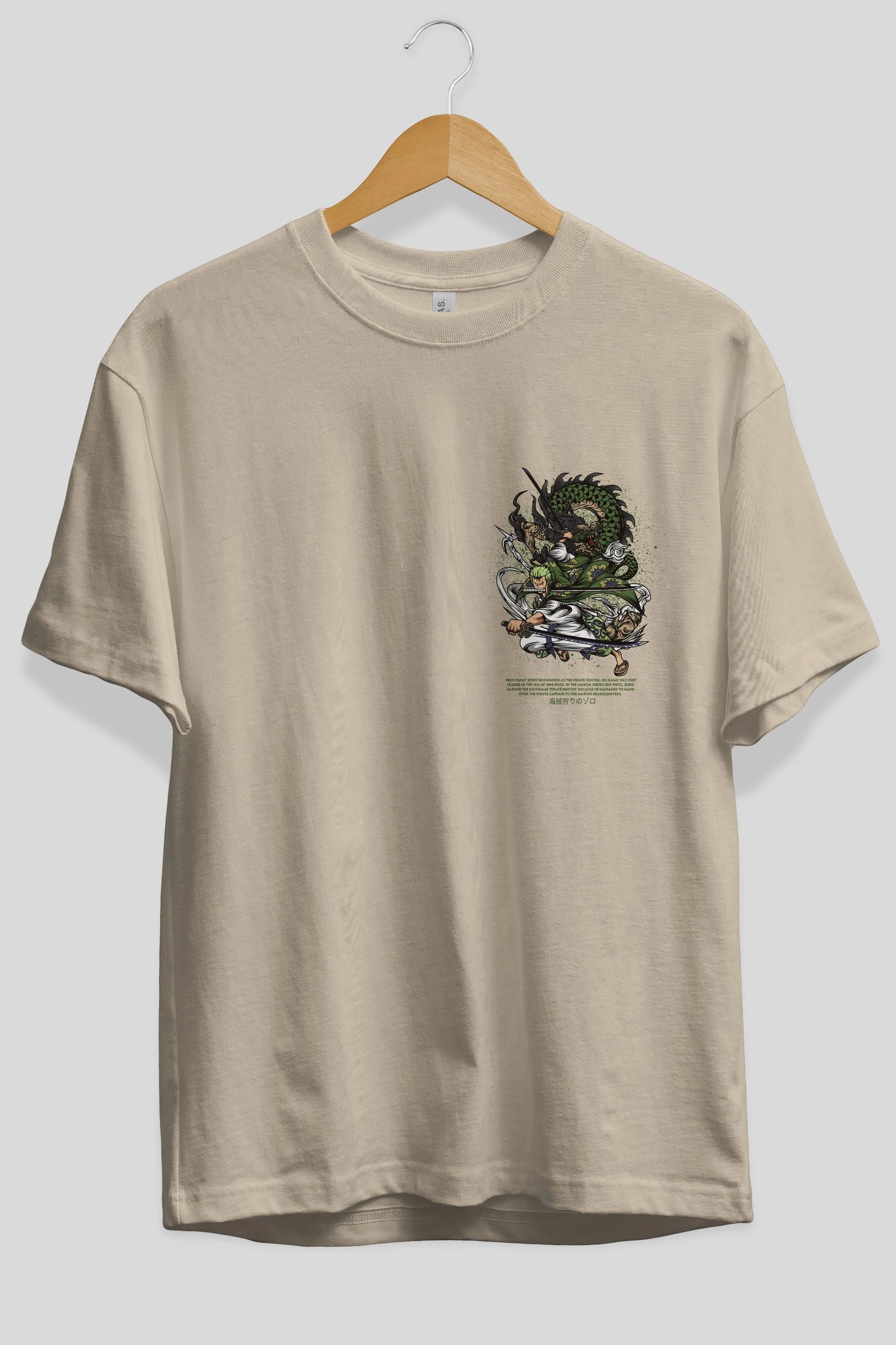 Zoro-ONE PIECE Ön Sol Baskılı Oversize t-shirt Erkek Kadın Unisex %100 Pamuk Bisiklet Yaka tişort