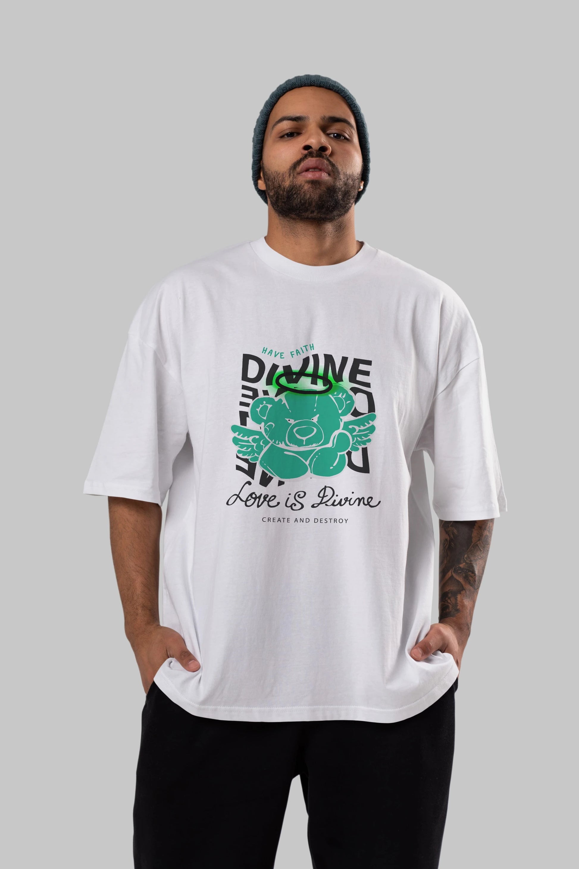 Love is Divine Bear Ön Baskılı Oversize t-shirt Erkek Kadın Unisex