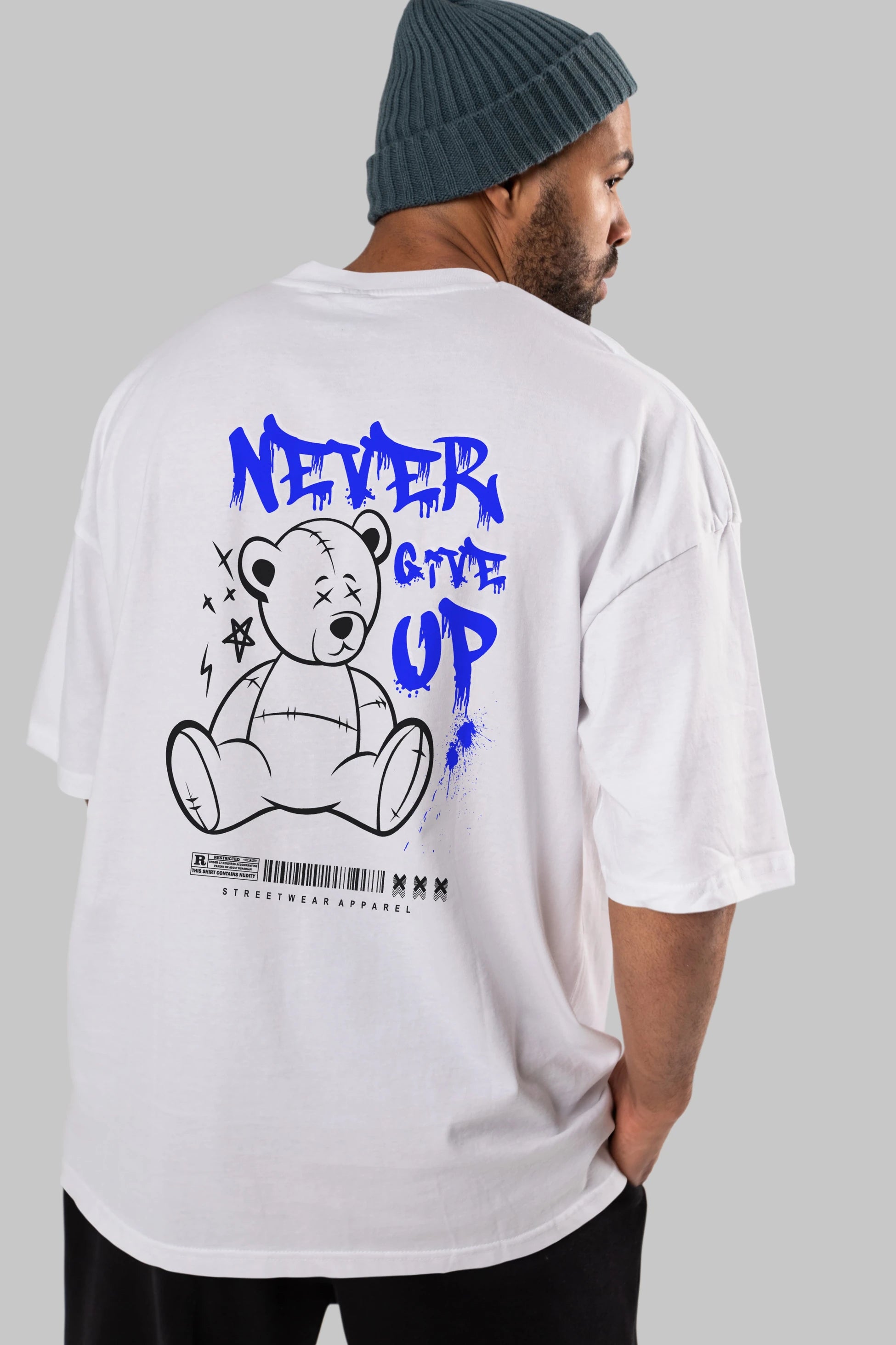 Teddy Bear Never Give Up Arka Baskılı Oversize t-shirt Erkek Kadın Unisex